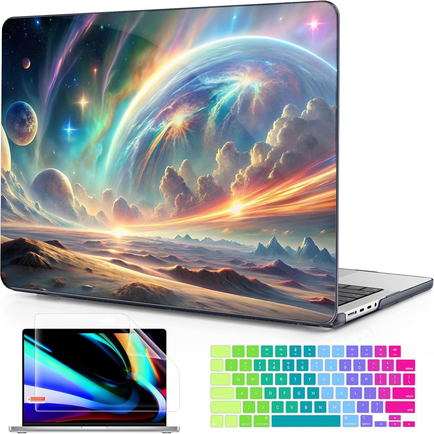 for MacBook Pro 14 inch M5 2026 2025-2021 Release M5 M4 M3 M2 M1, A3427 A3426 A3434 A3112 A3401, Plastic Hard Shell Case & Keyboard Cover & Screen Protector, Vibrant Cosmic