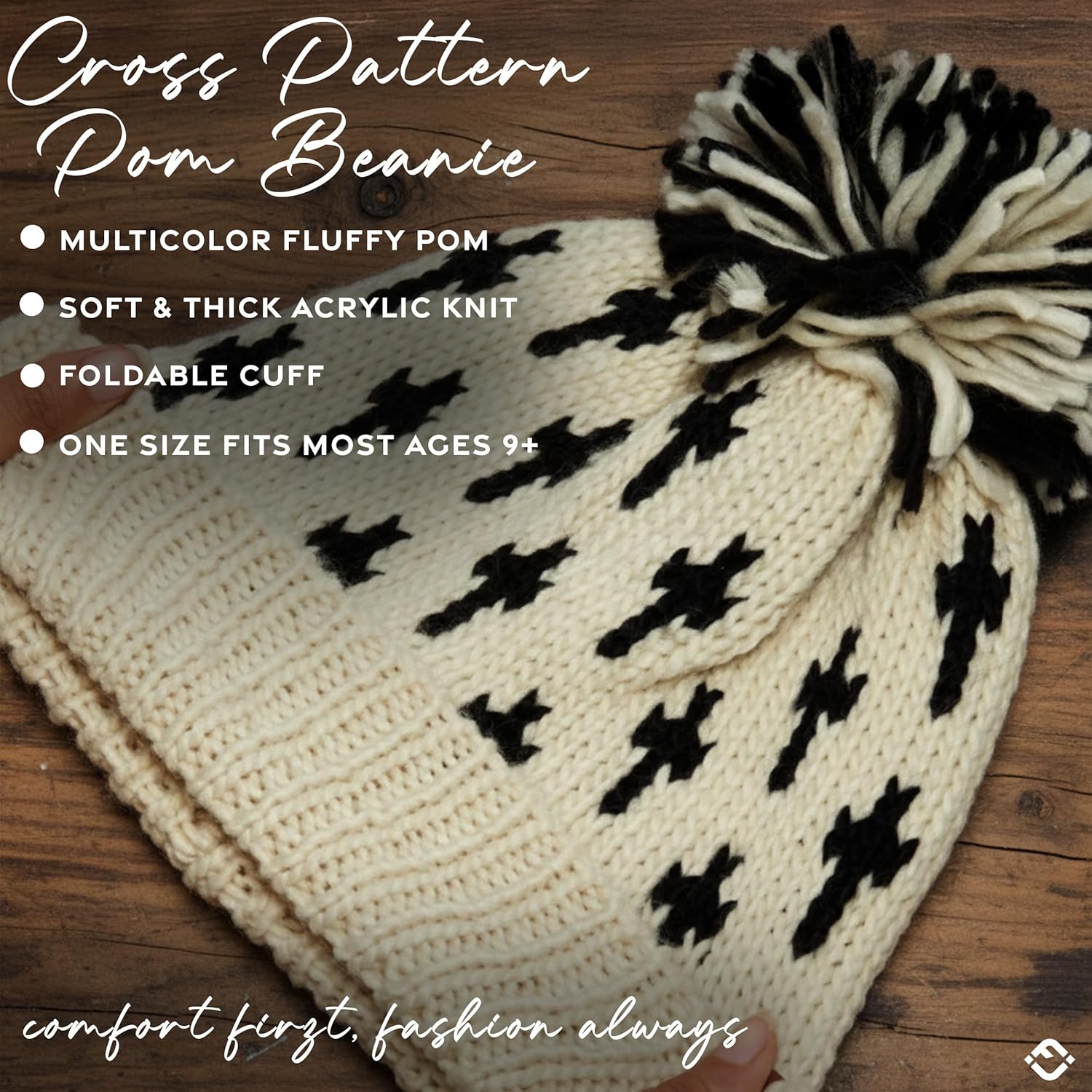 Funky Junque Women’s Knit Pom Beanie – Cozy Womens Winter Hat, Apres Ski Cold Weather Beanies with Geometric and Cross Design - Image 6