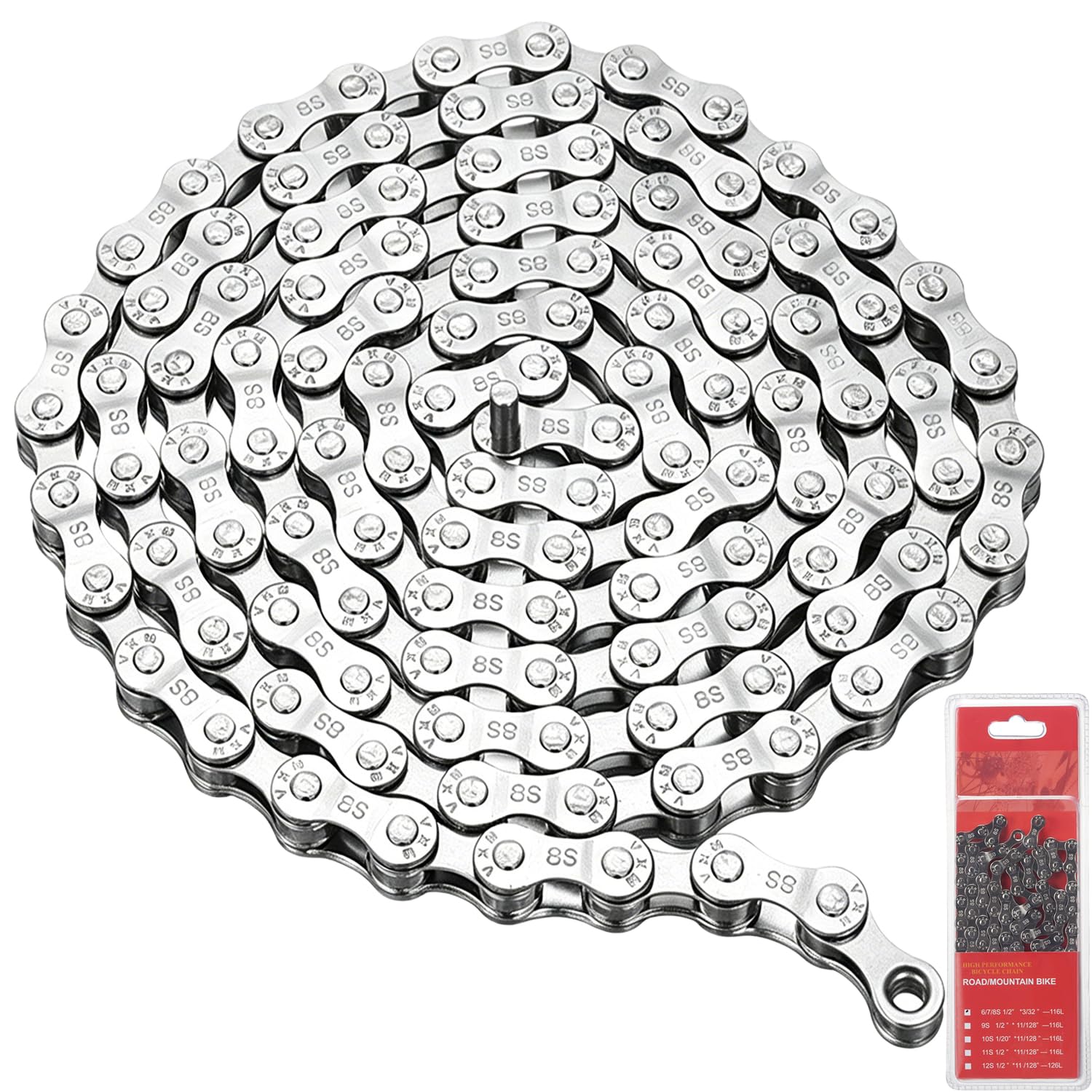 6/7/8 Speed Bike Chain 116 Links, Carbon Steel Bicycle Chain, Silver MTB Chain for Mountain Road Hybrid City E-Bike