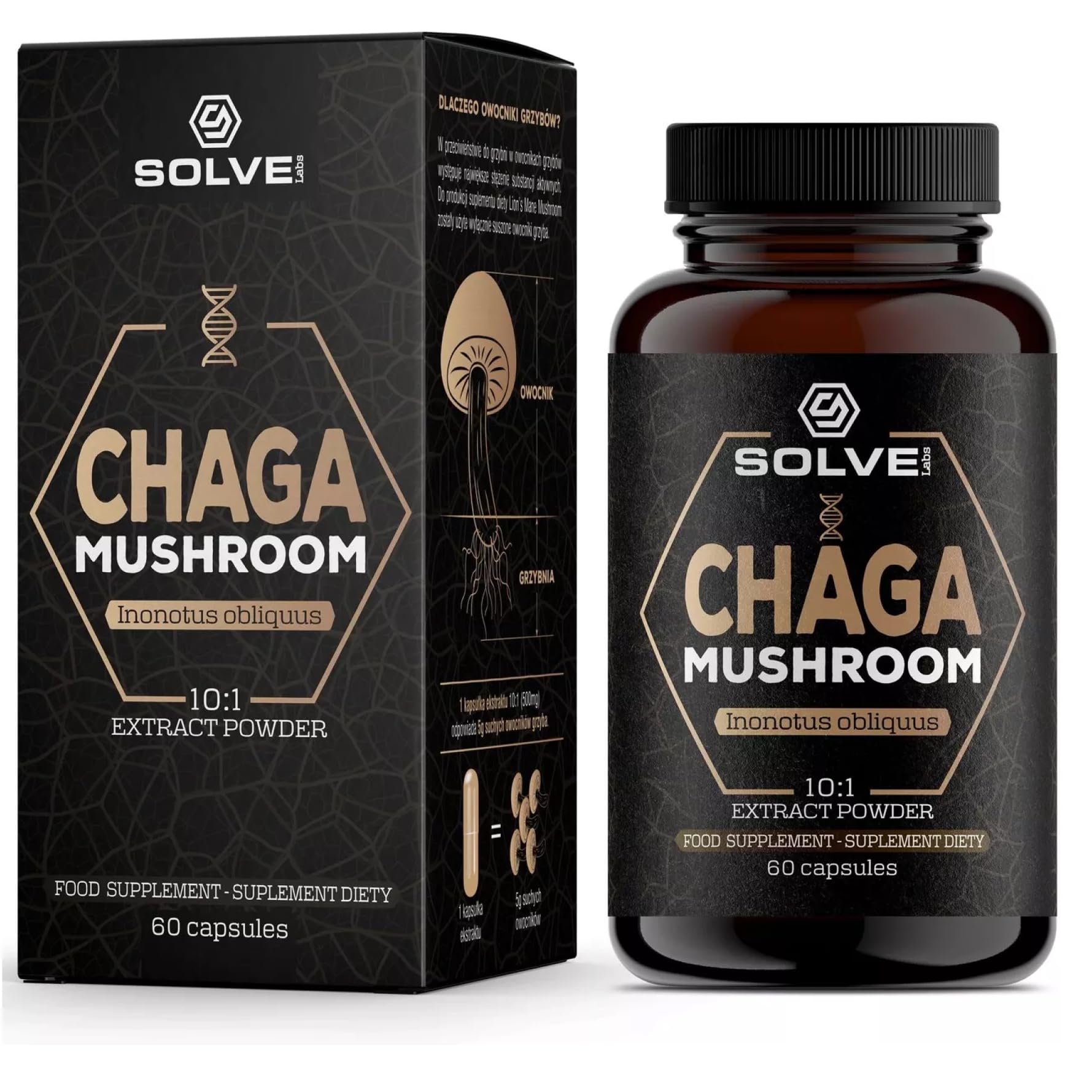 Solve Labs● Premium Siberian Chaga Mushrooom Capsules ● 10% Beta-D-Glucans ● 10:1 Concentrate ● No Fillers & Additives ● 60 Capsules ● 1 Month Supply