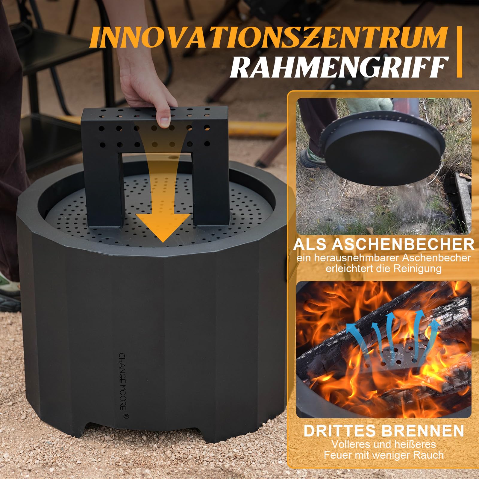 CHANGEMOORE Rauchfreie Feuerschale 50 cm, dreifache Verbrennung, Grill | Für den Außenbereich, mit abnehmbarem Aschebehälter, Feuerstellenabdeckung und Schürhakenset
