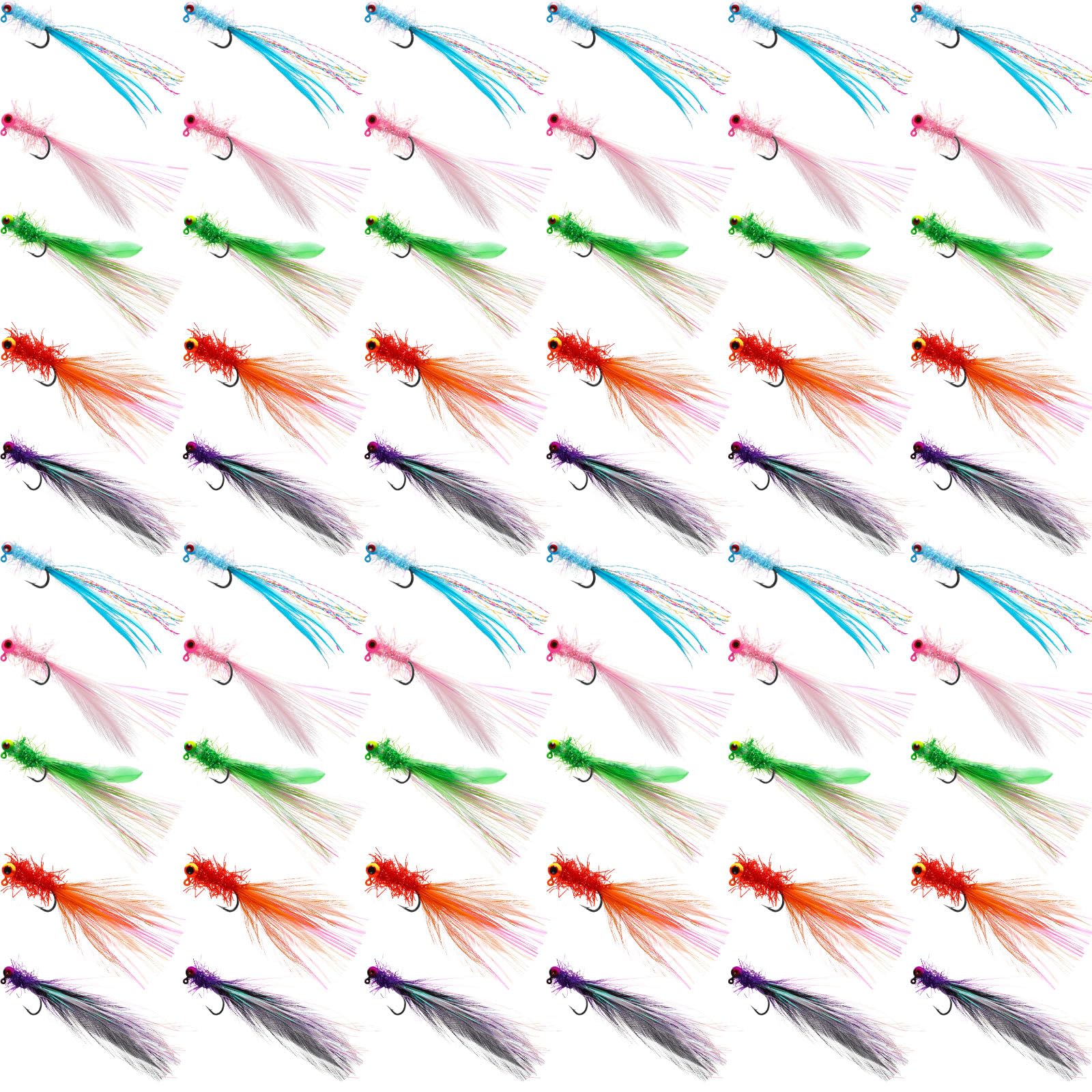Gemscream 60 Pcs Crappie Jigs Marabou Jig Heads with Feather Hand Tied Marabou Fishing Hair Jigs Rainbow Fishing Lures Kit for Panfish Sunfish Walleye, 1/32 oz