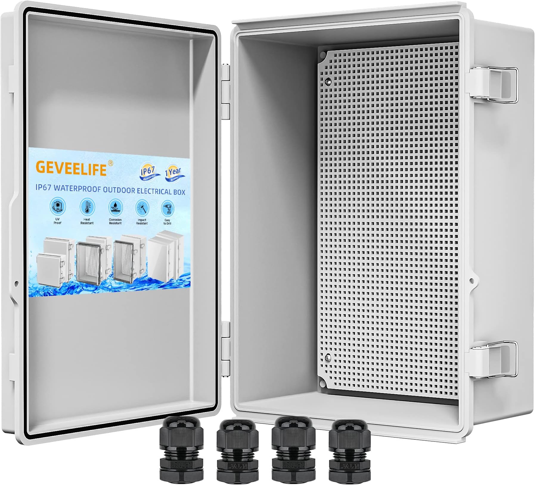 Waterproof Junction Box ABS Plastic, Outdoor Electrical Box IP67 Hinged Cover Project Box with Mounting Plate Wall Brackets and 2 Cable Glands, Grey Electrical Enclosure 13.8"x9.8"x5.9"
