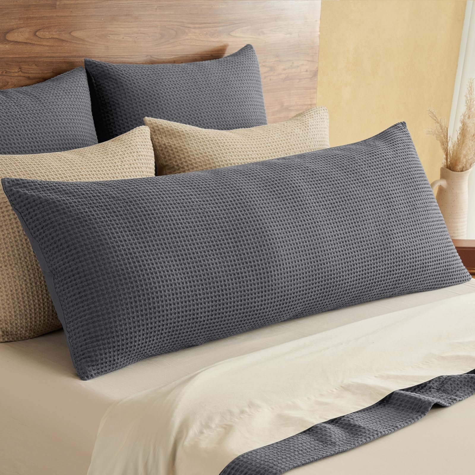 phf 100% cotton waffle body pillowcase with zipper, 1 pack 20" x 54" soft skin-friendly and breathable pillow sham, no filling, aesthetic woven waffle weave body pillow cover for bed, charcoal grey