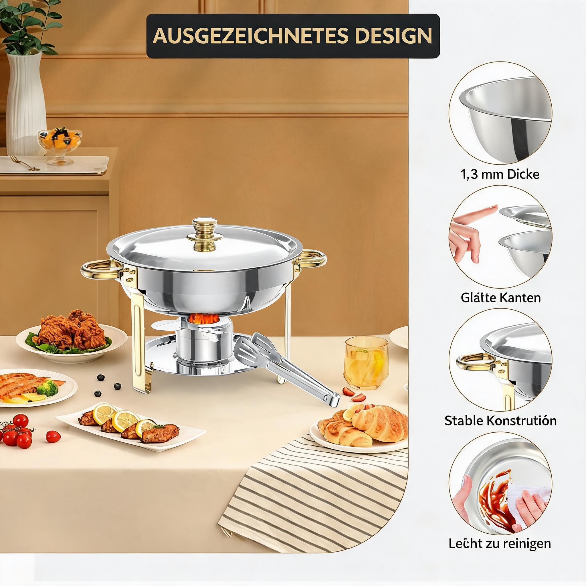 GarveeLife Rund Chafing Dish Buffet Set 5L, Edelstahl Speisenwärmer mit Klarer Deckel, Löffel & Zange, Buffet Warmhaltebehälter für Catering Buffet und Part
