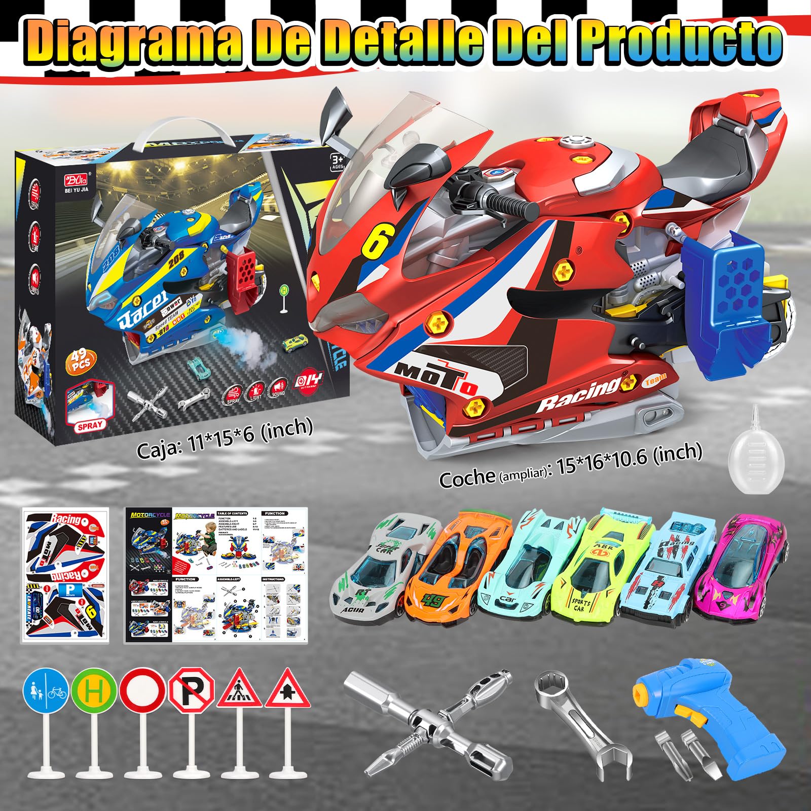 Moto Construir Niños, Moto de Construcción Con Luz y Sonido para 3-8 Años, Kit de Ensamblaje con Taladro Eléctrico y Pista, Regalo Ideal para Niños de 3 4 5 6 7 8 9 (Rojo)