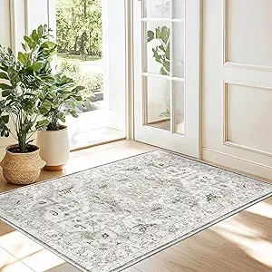Madane Washable Area Rug 2x3, Small Entryway Rug Non-Slip Vintage Door Mat Indoor Entrance, Low Pile Floor Carpet for Inside Front Door Bedroom Kitchen Entry Laundry (2'x3', Ivory/Brown)