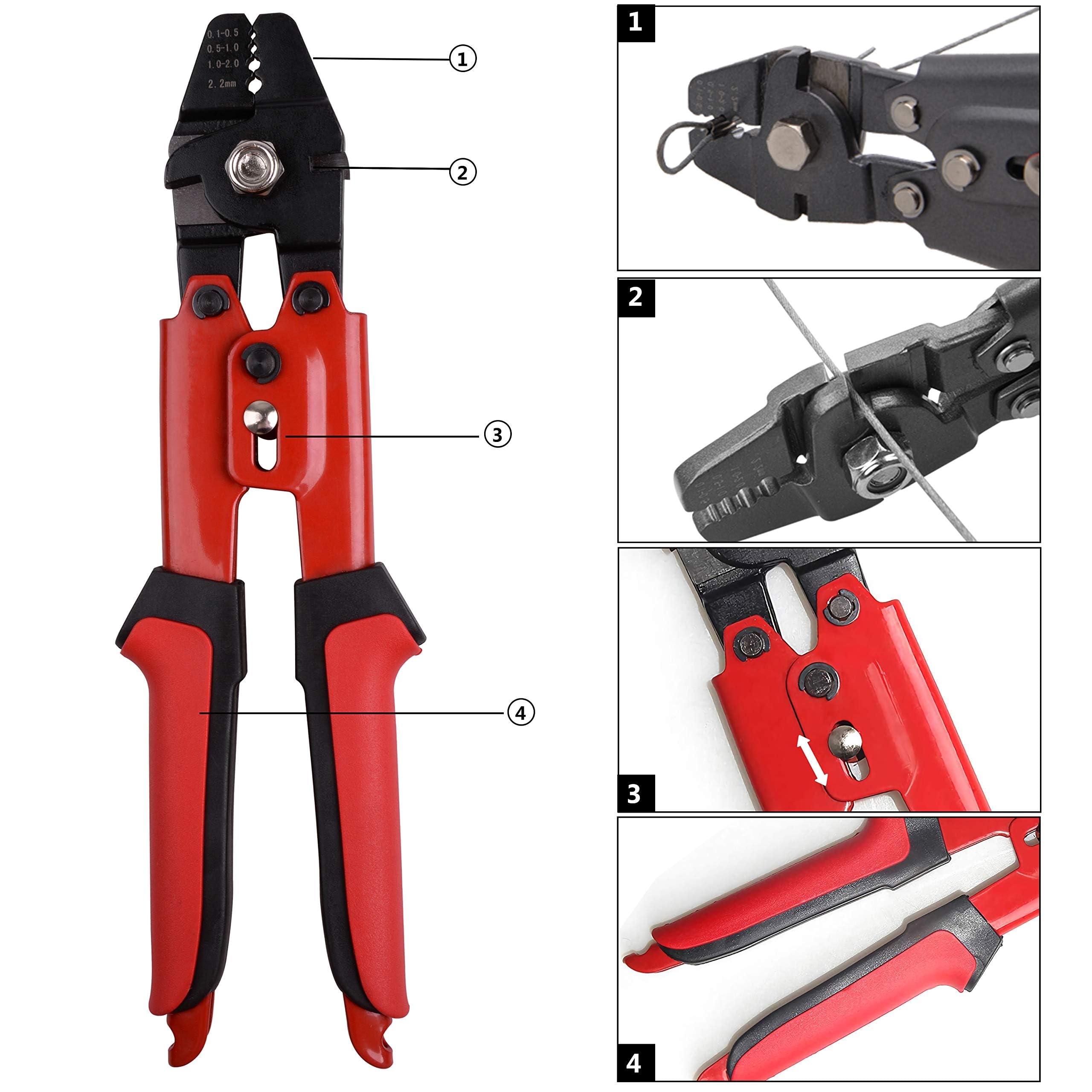Pinza crimpatrice per funi metalliche, per fune d'acciaio, pinza a morsetto, doppia crimpatura, doppio manicotto (0,1 mm – 2,2 mm)