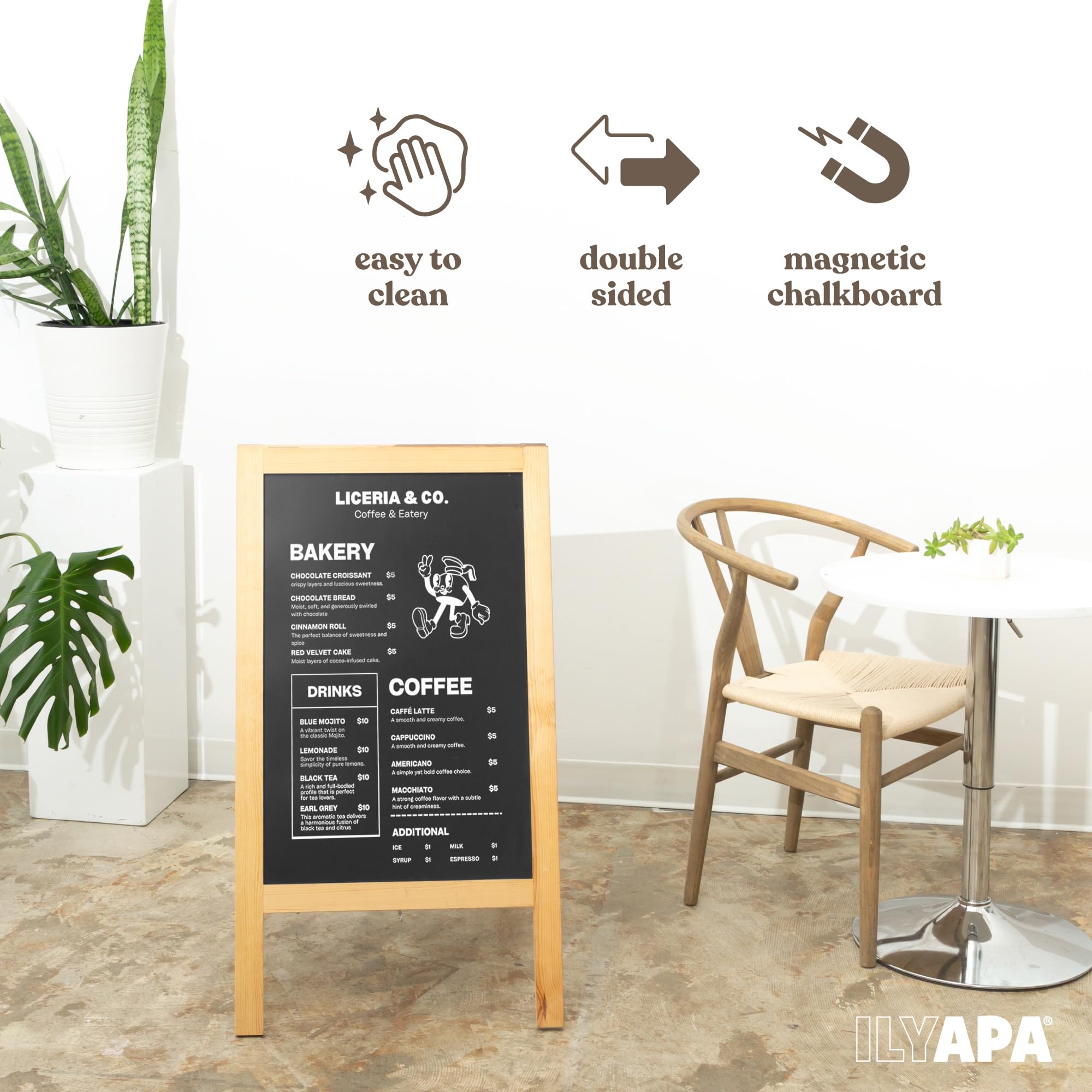 Drewniany znak A-Frame z gumką i kredą – 100 x 50 cm, magnetyczna tablica kredowa na chodnik, solidna wolnostojąca tablica typu "zrób to sam", do restauracji, biznesu lub na ślub