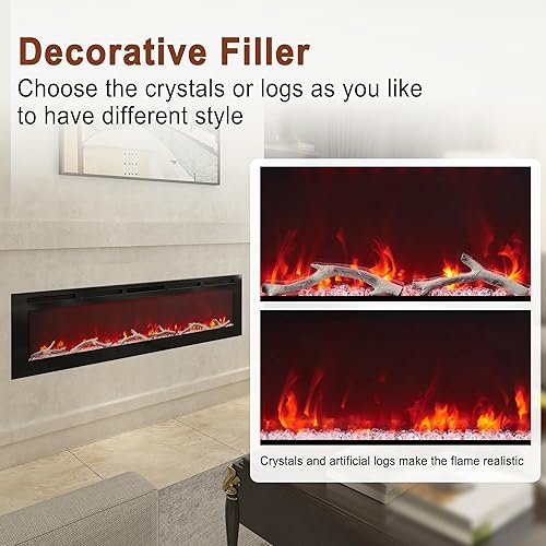 Miniatura 6 de Chimenea eléctrica de 72 pulgadas empotrada y montada en la pared, chimenea lineal LED con control remoto, ultrafina y de bajo ruido, 1500 W,