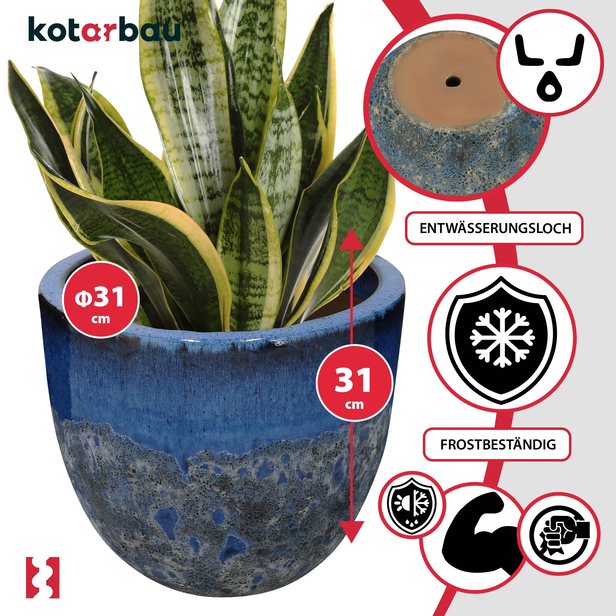 KOTARBAU® Blumenkübel Höhe 31 cm ⌀ 37 cm Blumentopf Dunkelblau Keramik Pflanzkübel frostsicher Übertöpfe für draußen Flower Pot Outdoor & Indoor Pflanzkübel innen außen