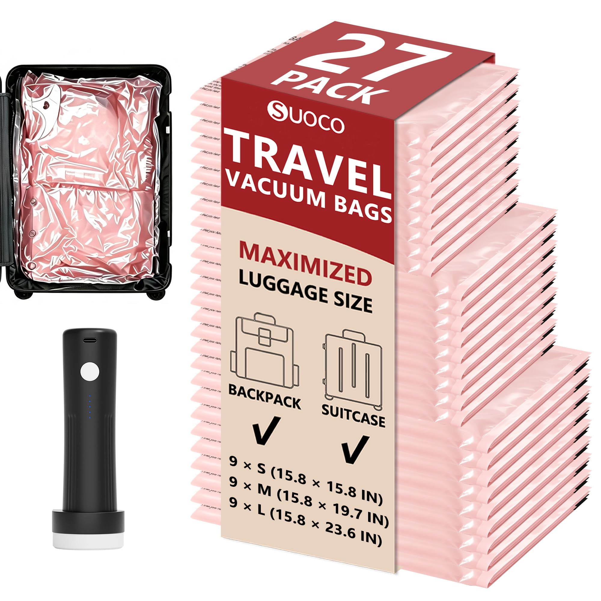 Reise-Vakuumbeutel für Kleidung mit wiederaufladbarer Pumpe 27 Combo, Rosa | Kompressions-Verpackungswürfel, Organizer für Gepäck, Koffer, platzsparende Beutel für Urlaub, Kreuzfahrt