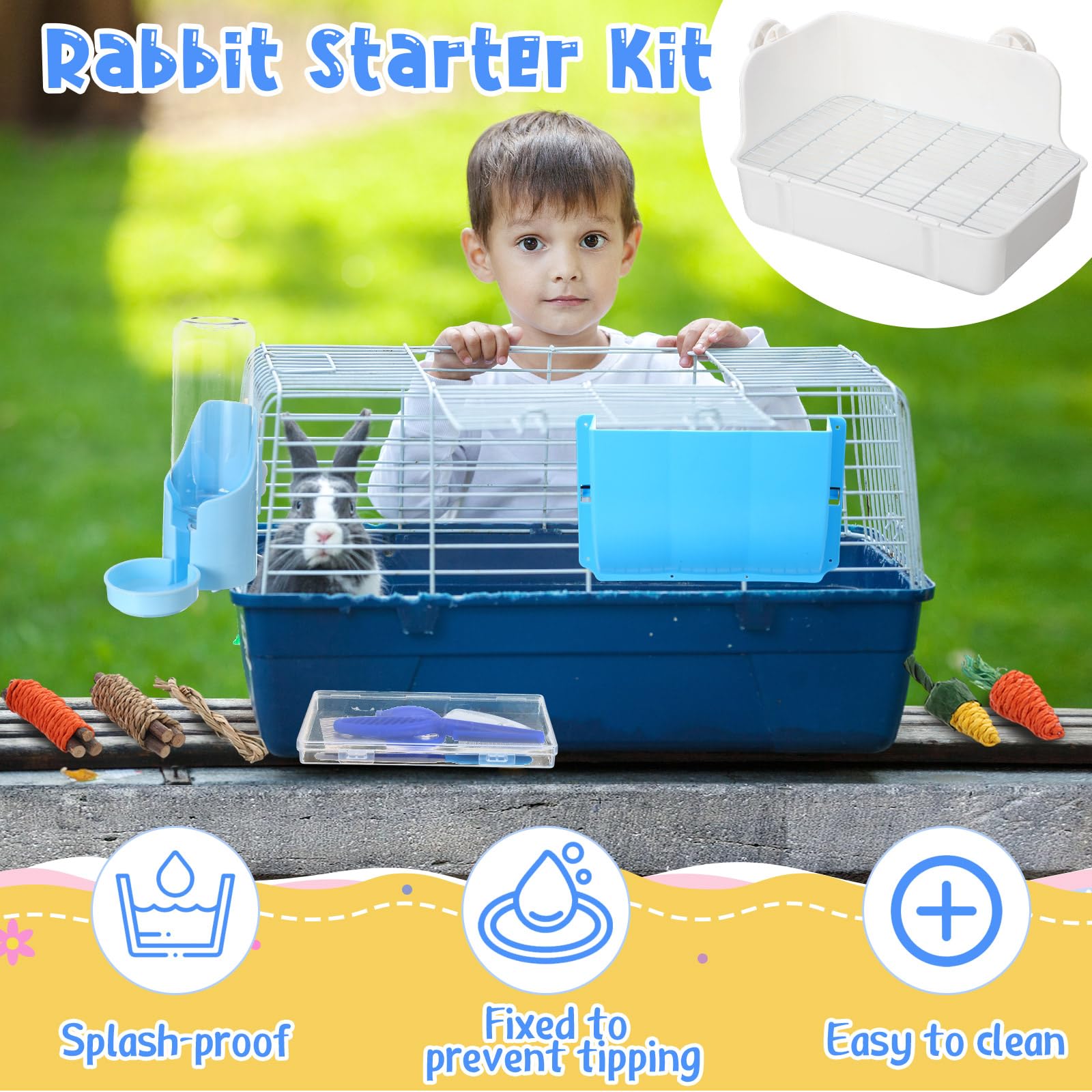 Kit iniziale per lettiera per conigli, 20 pezzi, kit per la toelettatura degli animali domestici con ciotole appese e bottiglia d'acqua per piccoli animali, coperta in flanella con set di