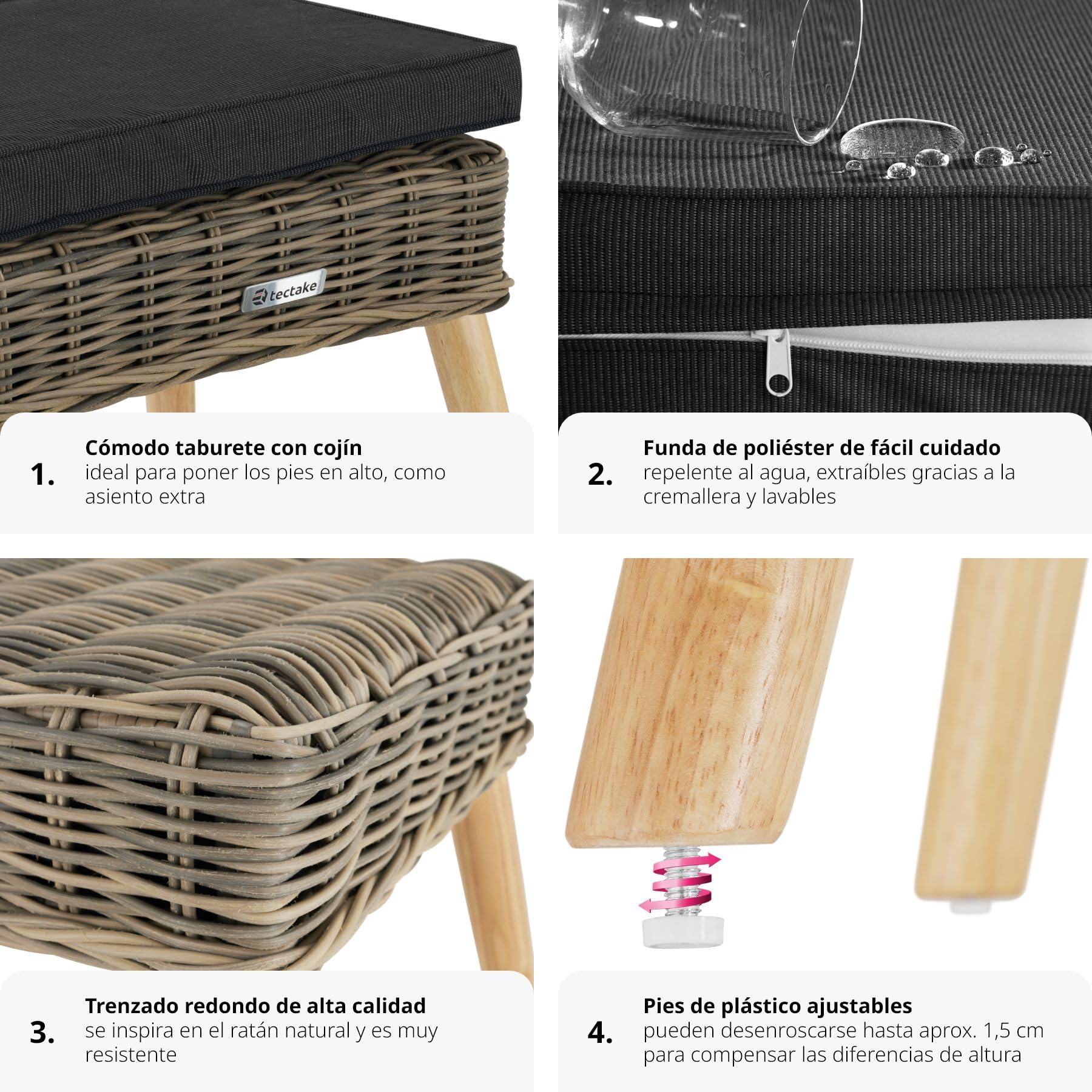 TecTake® Reposapies Salon de Ratán Sintético, Estructura de Aluminio, Funda Lavable, Patas de Madera Ajustables, Reposapies de Oficina, Ideal para tu Conjunto Jardin Exterior - Natural