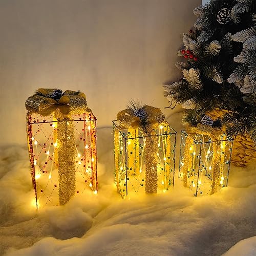 3 cajas de regalo iluminadas de Navidad, cajas de regalo de Navidad preiluminadas con cintas de cuentas rojas, verdes y azules, 60 luces LED blancas