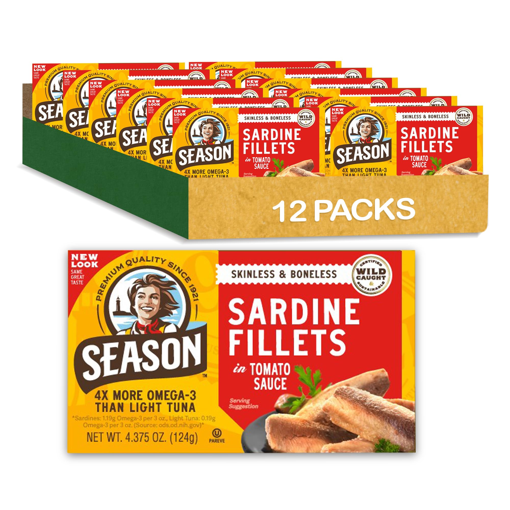 Season Sardines in Tomato Sauce - Skinless & Boneless, Wild Caught, 22g of Protein, Keto Snacks, More Omega 3's Than Tuna, Kosher, High in Calcium, Canned Sardines - 4.37 Oz Tins, 12-Pack
