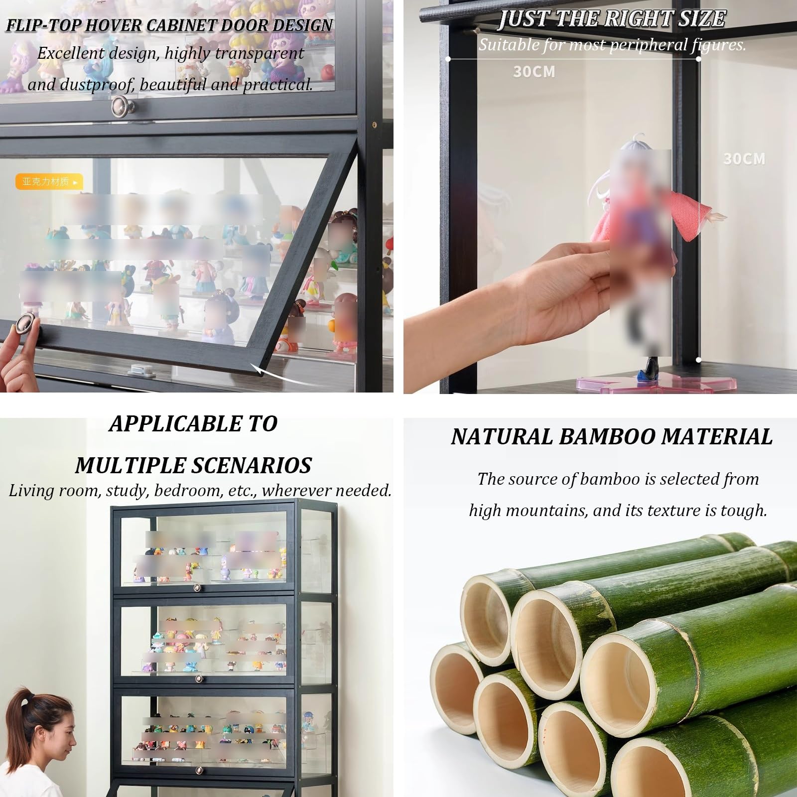 Vitrine pour Collection,Transparent Boite Presentoir en Acrylique,Meuble De Rangement Grande Capacité,vitrine figurine,armoire de rangement en bambou,pour chambre /salon.(Color:Four floors,Size:60cm