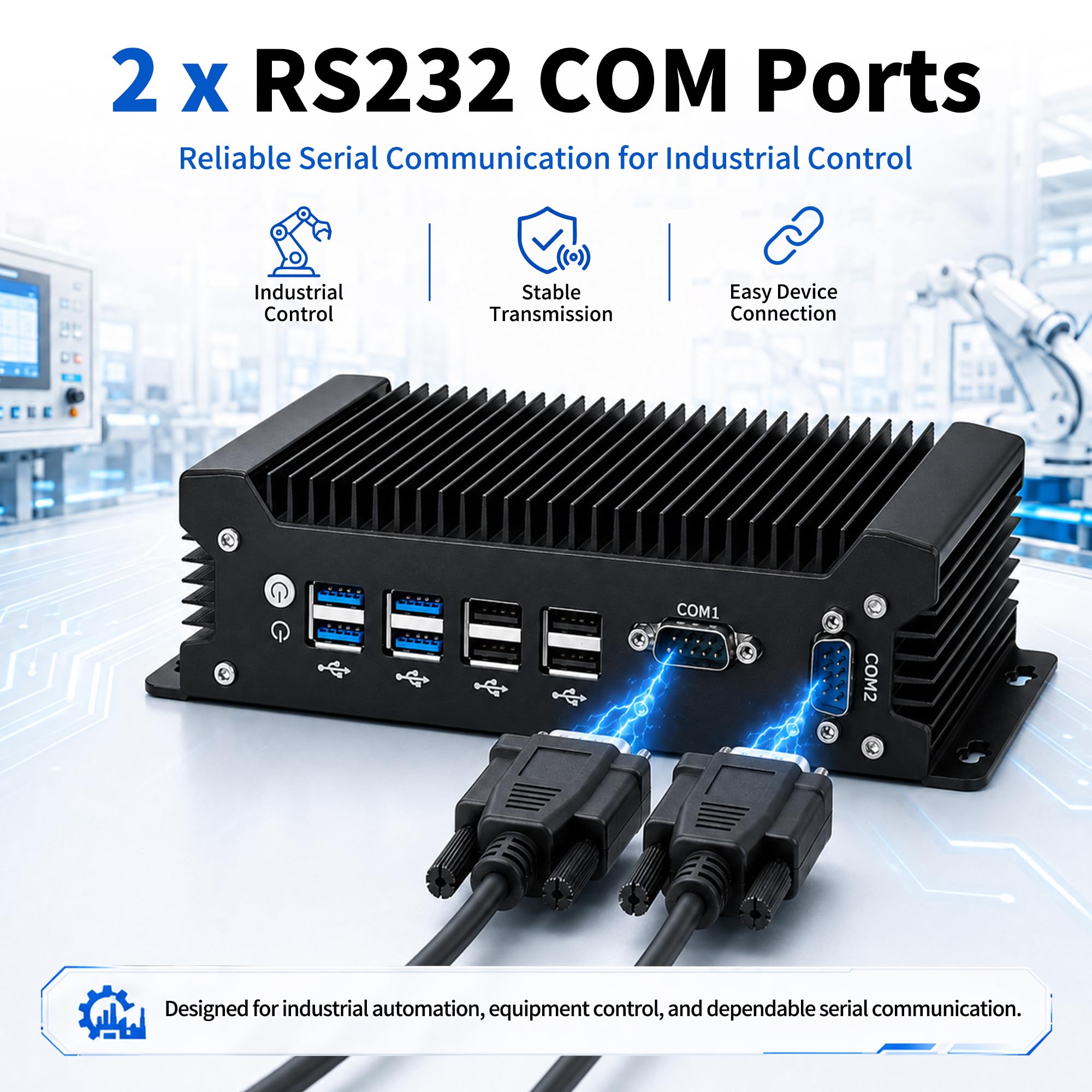 Fanless Mini PC, Core i3-1215U, Industrial PC, 2x Gigabit LAN, 2x RS232 COM