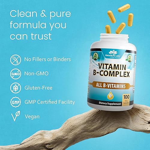 Miniatura 6 de NaturaLife Labs Complejo de vitamina B con vitamina C y ácido fólico – Incluye B1, B2, B3, B5, B6, B7, B9 y B12 – 100 cápsulas, vegano, sin OMG, sin