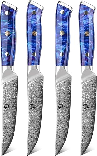 Miniatura 10 de WILDMOK Cuchillos para carne, juego de 4 cuchillos de carne no dentados de 5 pulgadas, cuchillos japoneses de acero Damasco VG10, cuchillos de carne