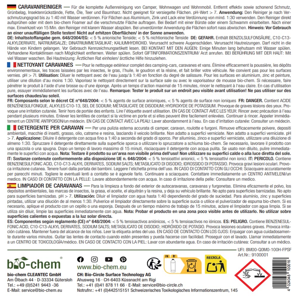 Bio-Chem środek do czyszczenia przyczep kempingowych i kamperów, bardzo mocny koncentrat, 2 x 1000 ml, środek czyszczący do przyczep kempingowych, przystawek namiotowych, środek do usuwania smug deszczu – Made in DE