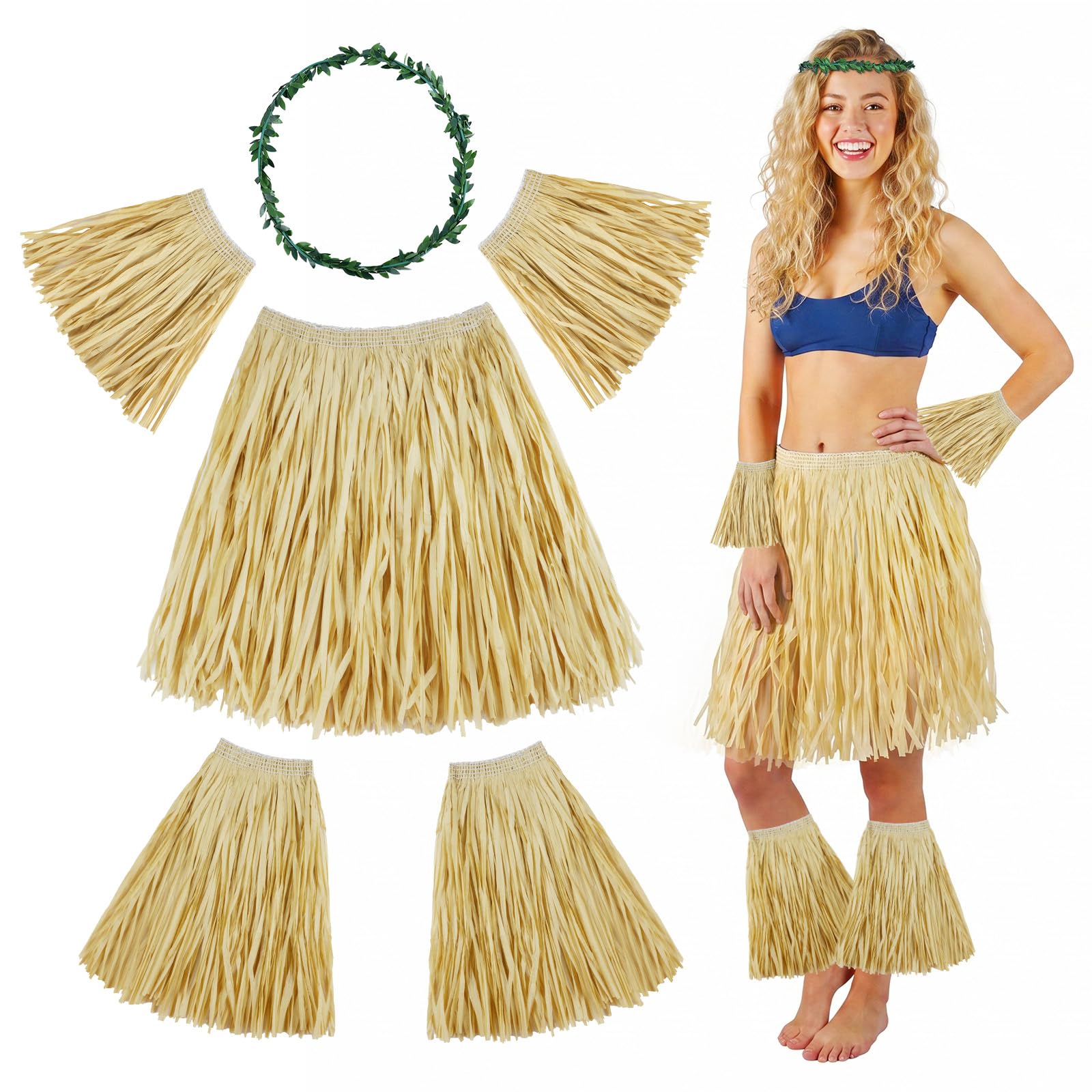 Aomig 6PCS Hawaiian Grass Skirt Costume Set for Adult Summer Beach Tropical