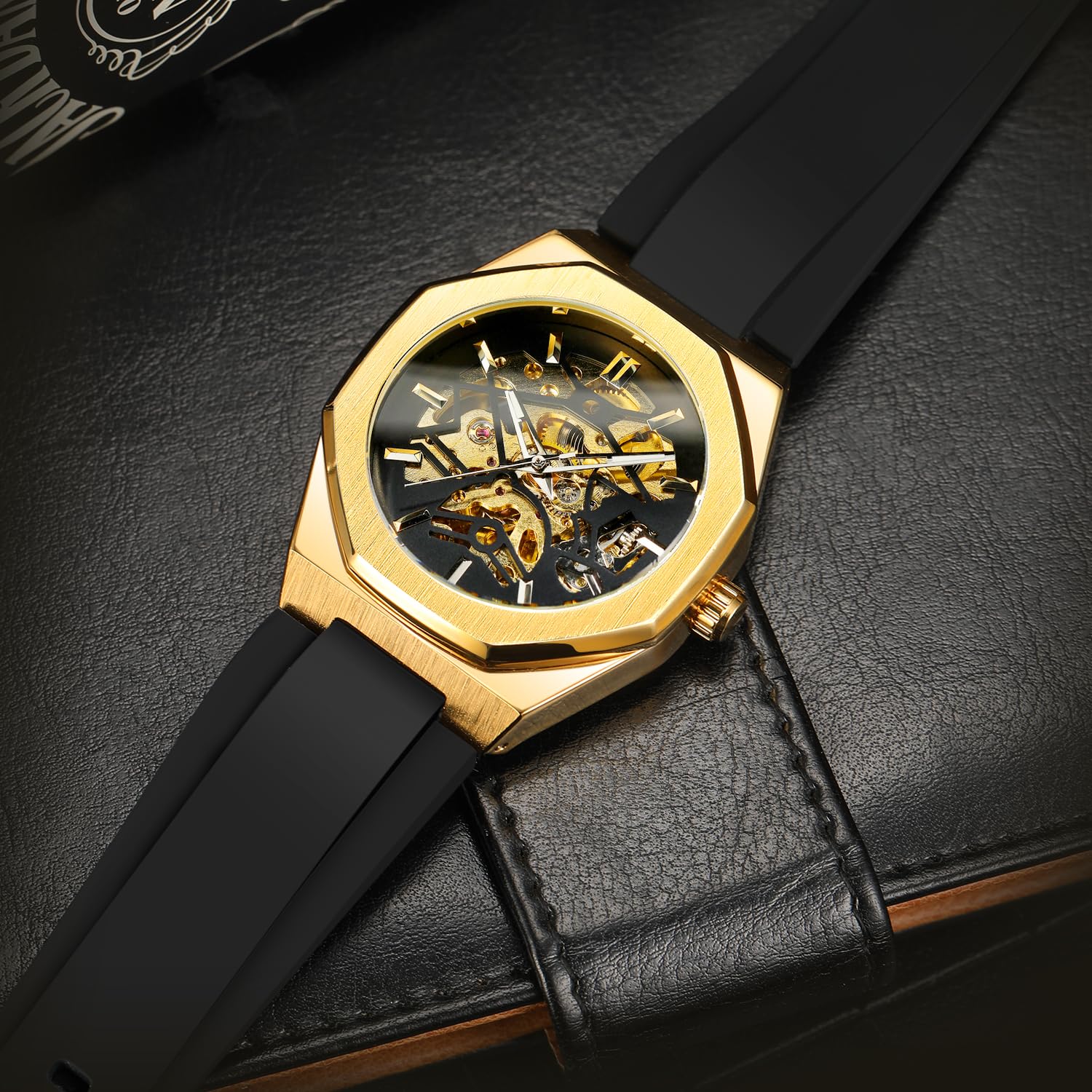 Reloj mecánico automático esqueleto para hombre con manecillas luminosas, correa de silicona negra, caja octogonal