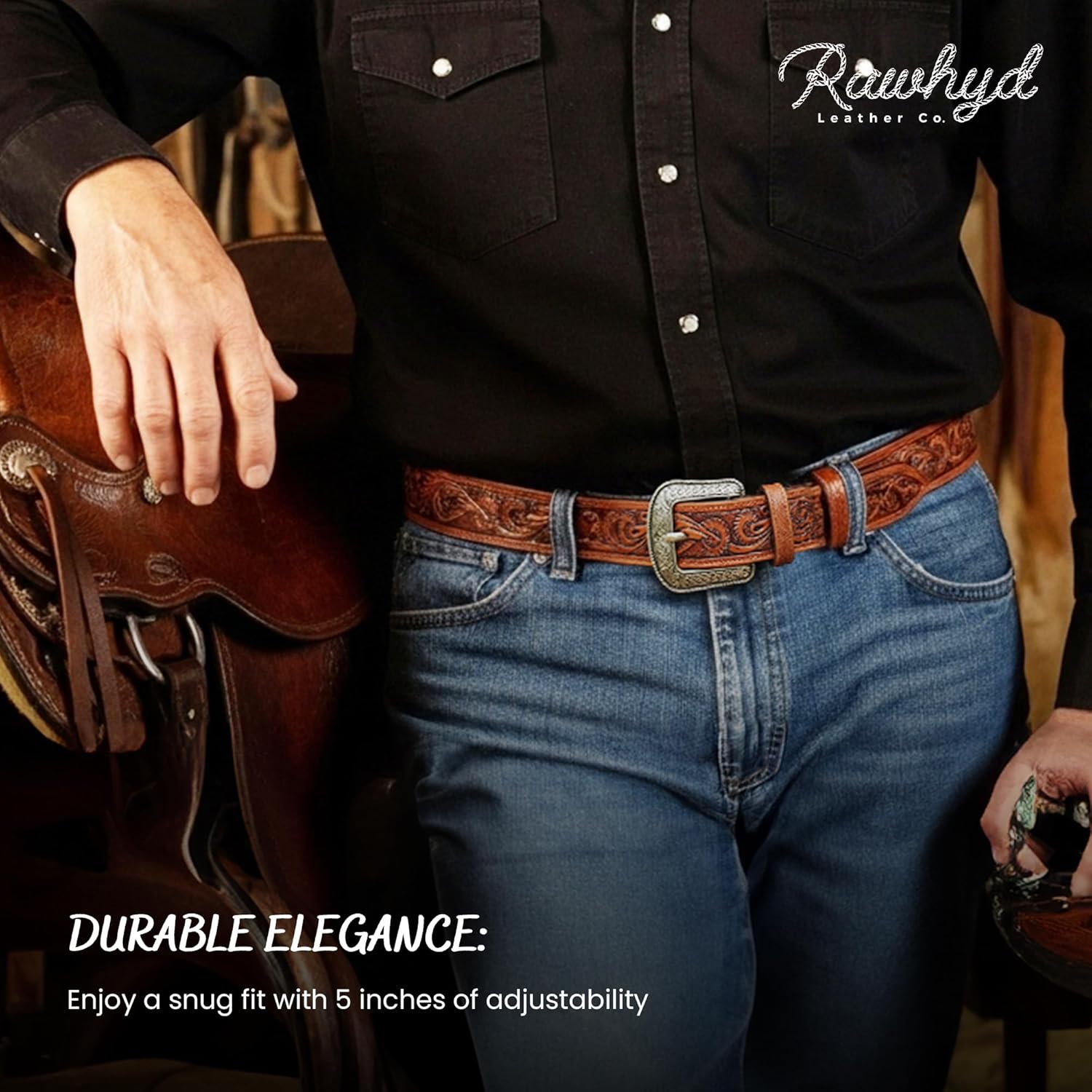 RAW HYD Full-Grain Men's Western Belts w/Buckle/Buckle Free - Robust Tooled Leather Belt - Versatile Western Belts for Men - Image 7