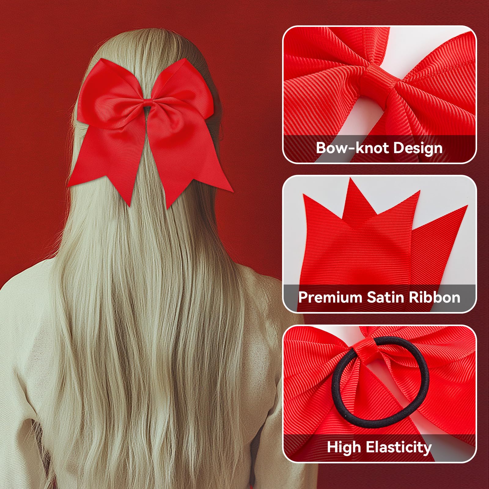AXEN Large Cheerling Bow, 8 inch Cheer Hair Bows with Ponytail Holder for Teen Girls Sports Cheerleader Hair Accessories, Red - Image 3
