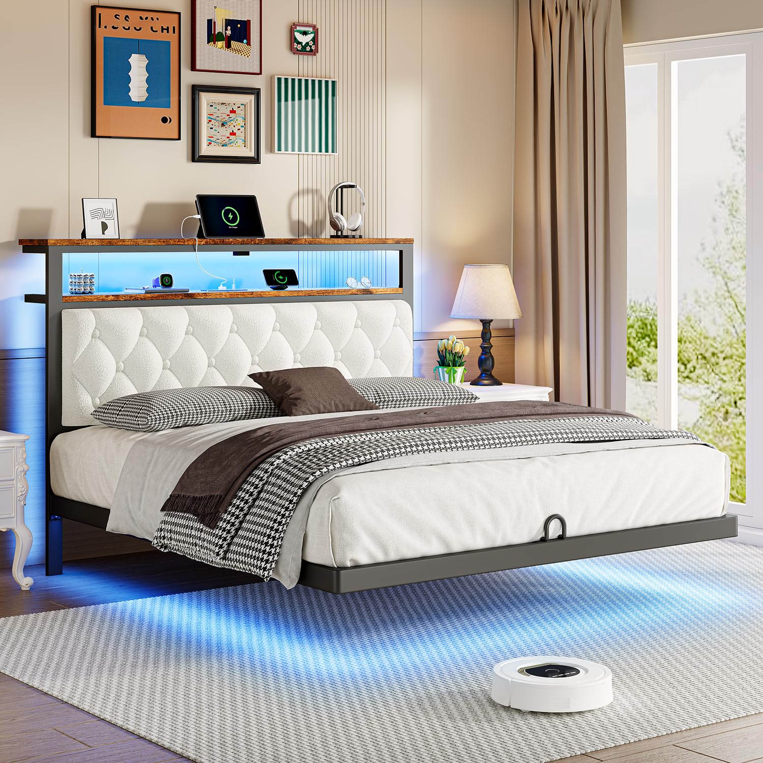 ChicZhiNest Queen Floating Bed Frame with Headboard, LED Floating Bed Frames with Charging Station and Upholstered Backrest, Storage Shelf, No Box