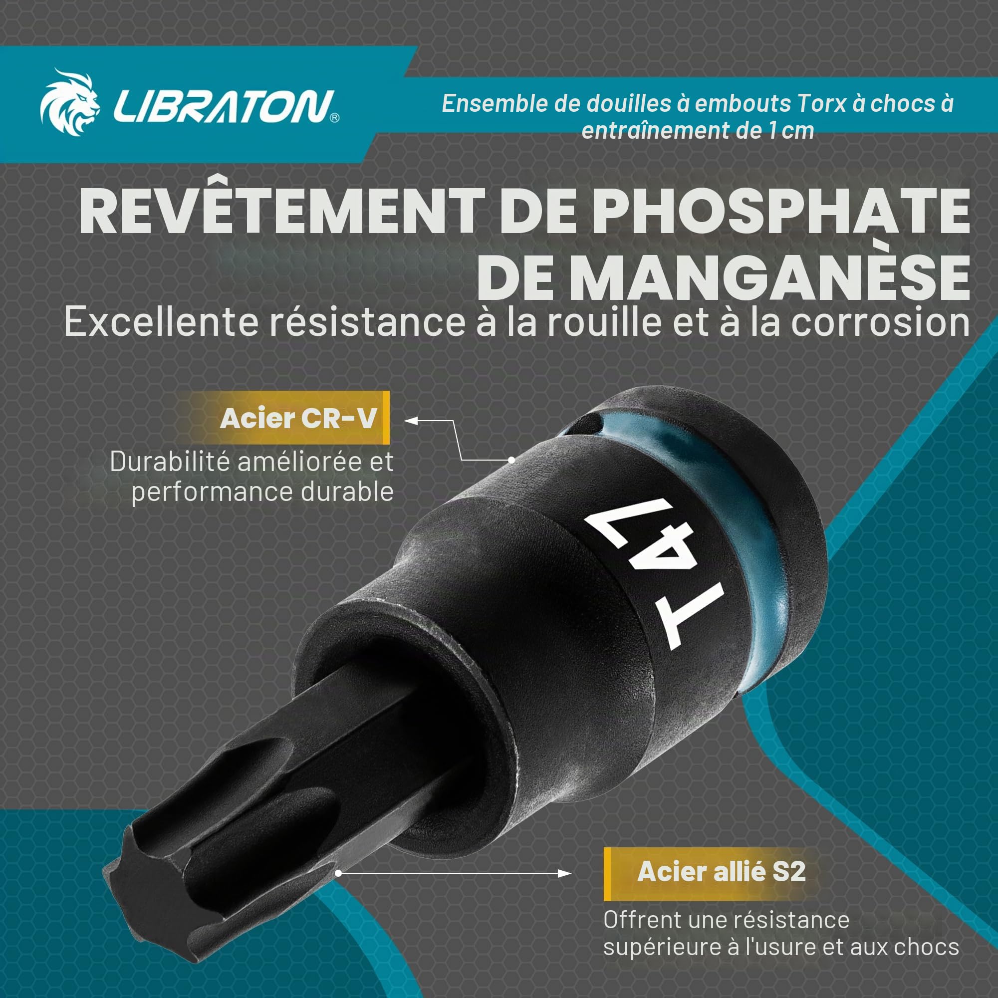 LIBRATON Clé à Douille Embouts Torx Entraînement 3/8" Extra Longue | Douilles à Impact en Acier Allié S2, 24 Pièces Douilles Torx d'embouts, T10-T60, Douille Étoile Long de 2" et 6"