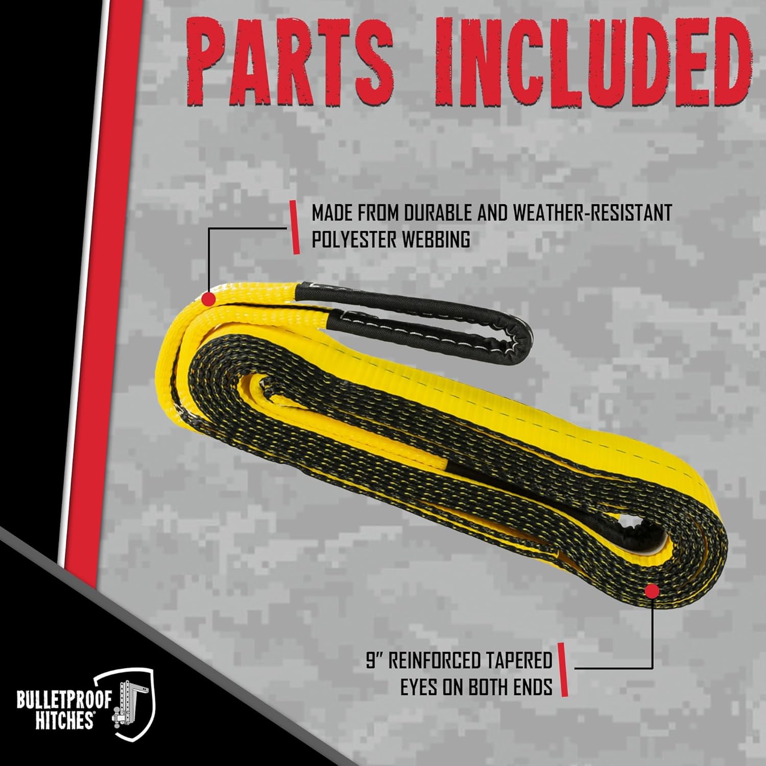 BulletProof Hitches - 3" x 20' Heavy Duty Tow Strap - 24,000 lbs Breaking Strength - Emergency Recovery Strap Tow Rope - for Offroad, 1-Ton Pickups, Tractors, and Cargo Vans