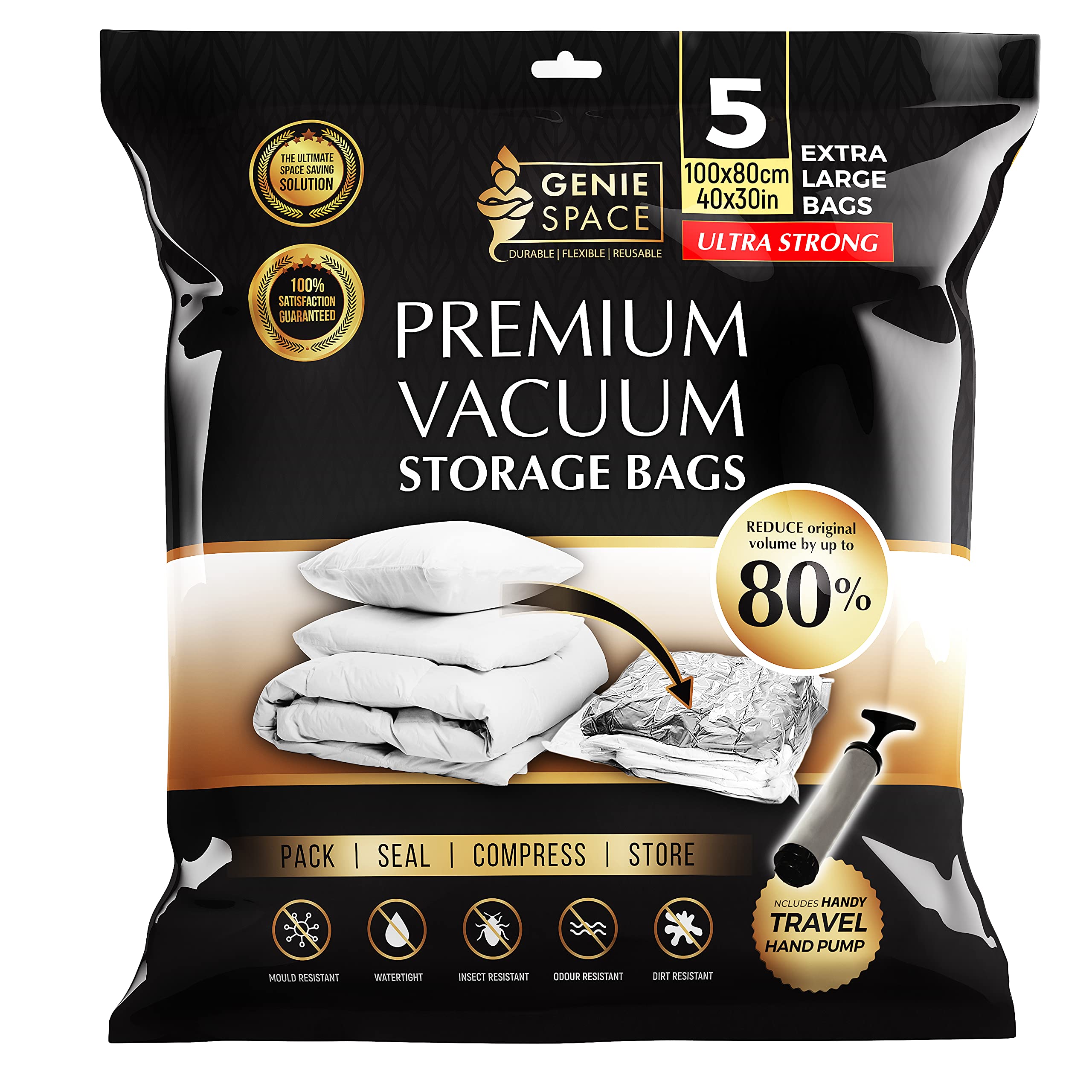 GENIE SPACE XL Vacuum Bags - Pack of 5, Extra Large | Jumbo Sized Space Saving Storage Bag, 100x80cm | Strong & Premium Airtight & Reusable Vacuum Bags for Clothes, Towels, Bedding, Jumpers & Duvets
