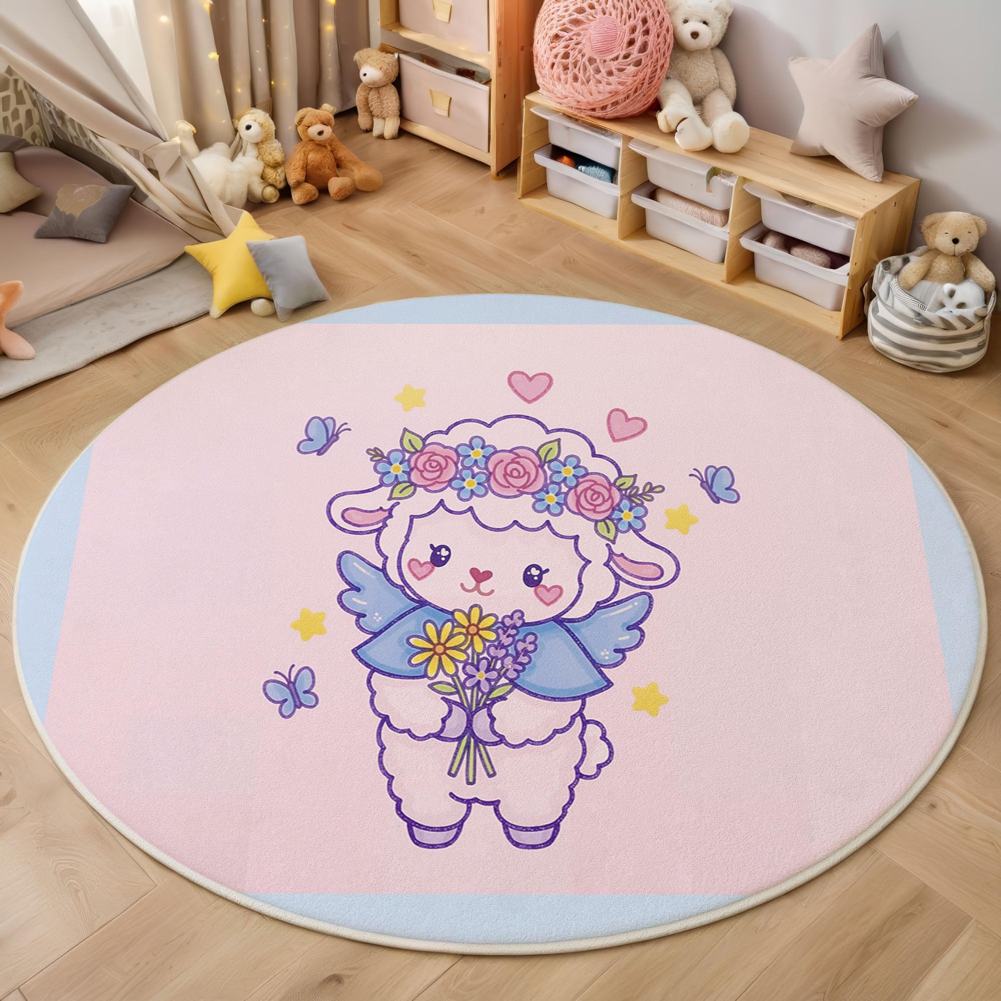 Tapis rond chambre enfant 80 cm rose à motif fleurs d'agneau mignon et lavable