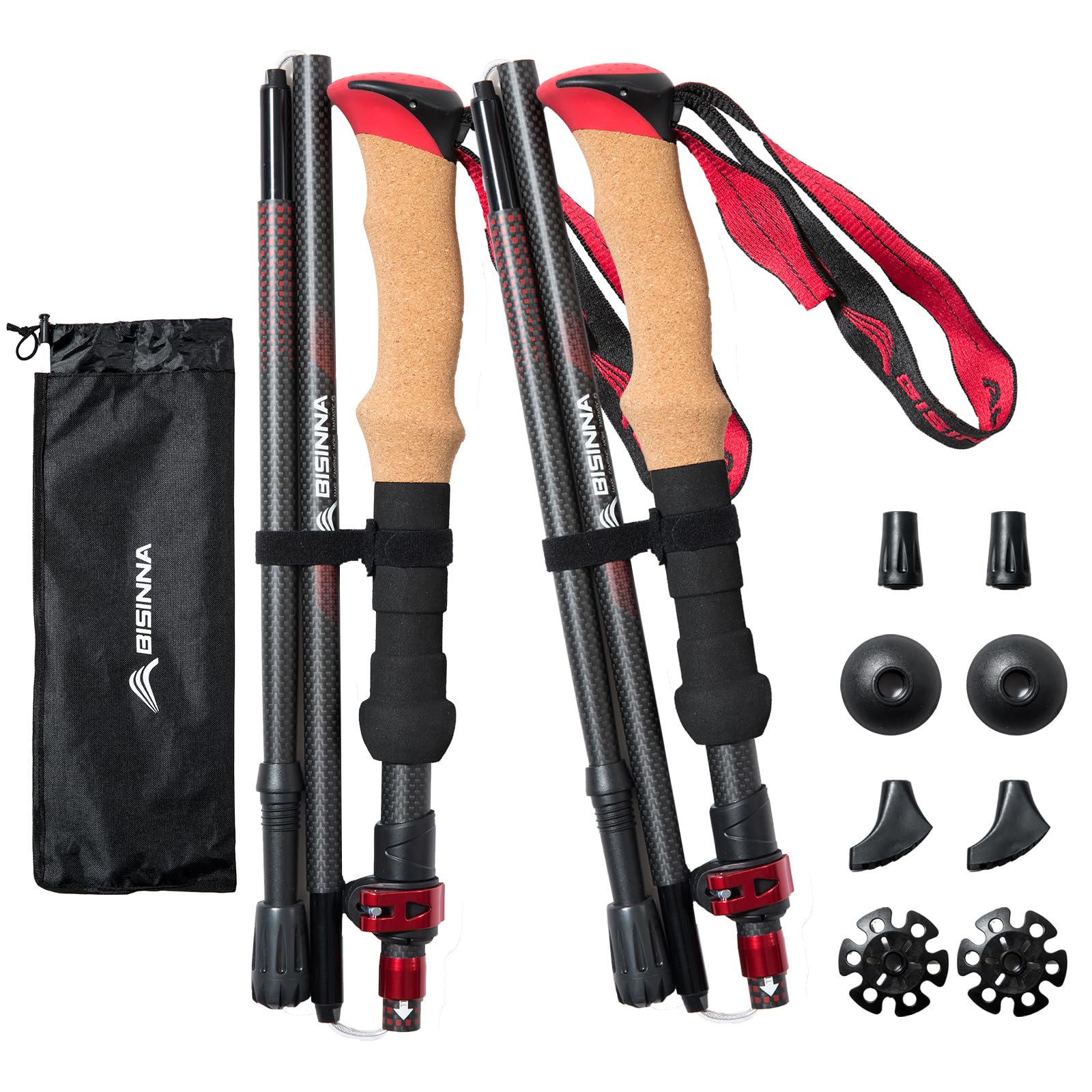 BISINNA Carbon Fibre Trekking Poles, 2-Pack, Lightweight Collapsible Walking Sticks with Cork Handle Quick Lock System for Women and Men