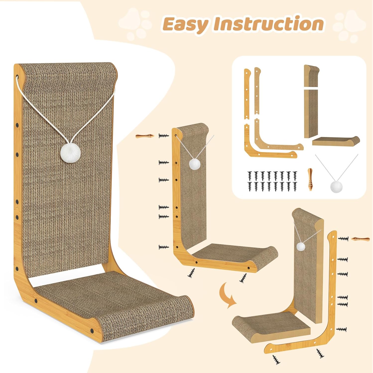 2-Pack Cat Scratching Board, 25.6'' Tall L-Shaped Cardboard Cat Scratcher with Hanging Ball Toy & Raised Edges, Vertical Cat Scratching Post for Indoor Cats, Wall & Couch Protector