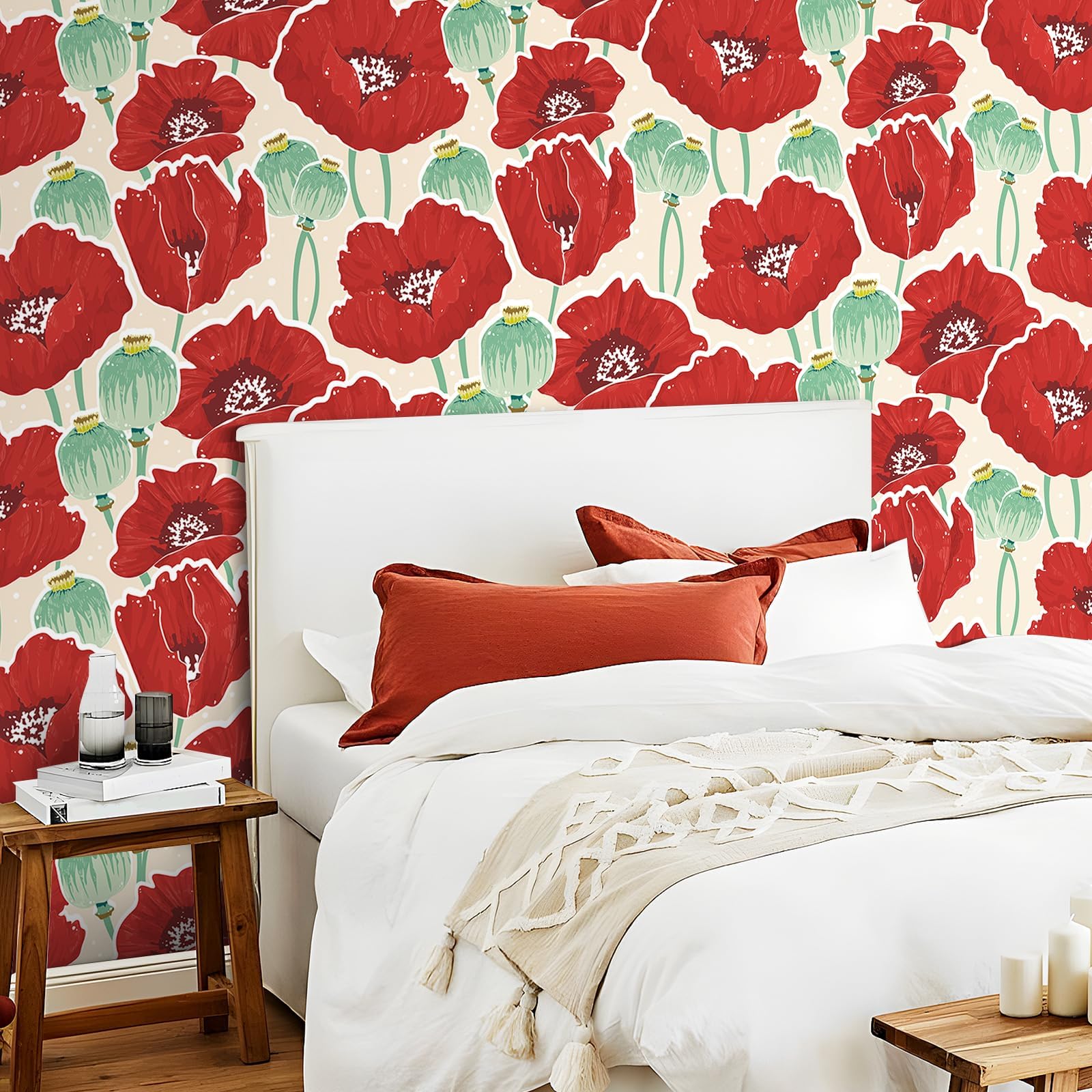 Stickyart Carta da Parati Fiori Rossi Impermeabile 44.5cmX200cm Adesivi Murali Papaveri Rossi Decorazioni Parete Soggiorno Carta Adesiva per Mobili Armadio Retro Pellicola Adesiva per Mobili Floreale