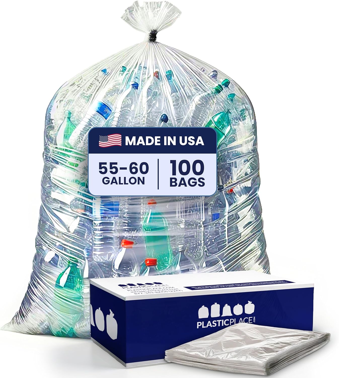 Plasticplace 55-60 gallon Trash Bags │ 1.5 Mil │ Clear Heavy Duty Garbage Can Liners │ 36” x 58” (100 Count)