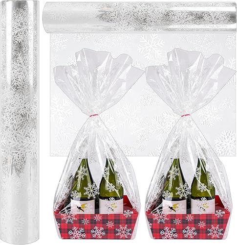 Kolewo4ever Rollo de papel de envoltura de celofán de Navidad de 100 pies x 32 pulgadas, papel de regalo transparente con copos de nieve, bolsas de