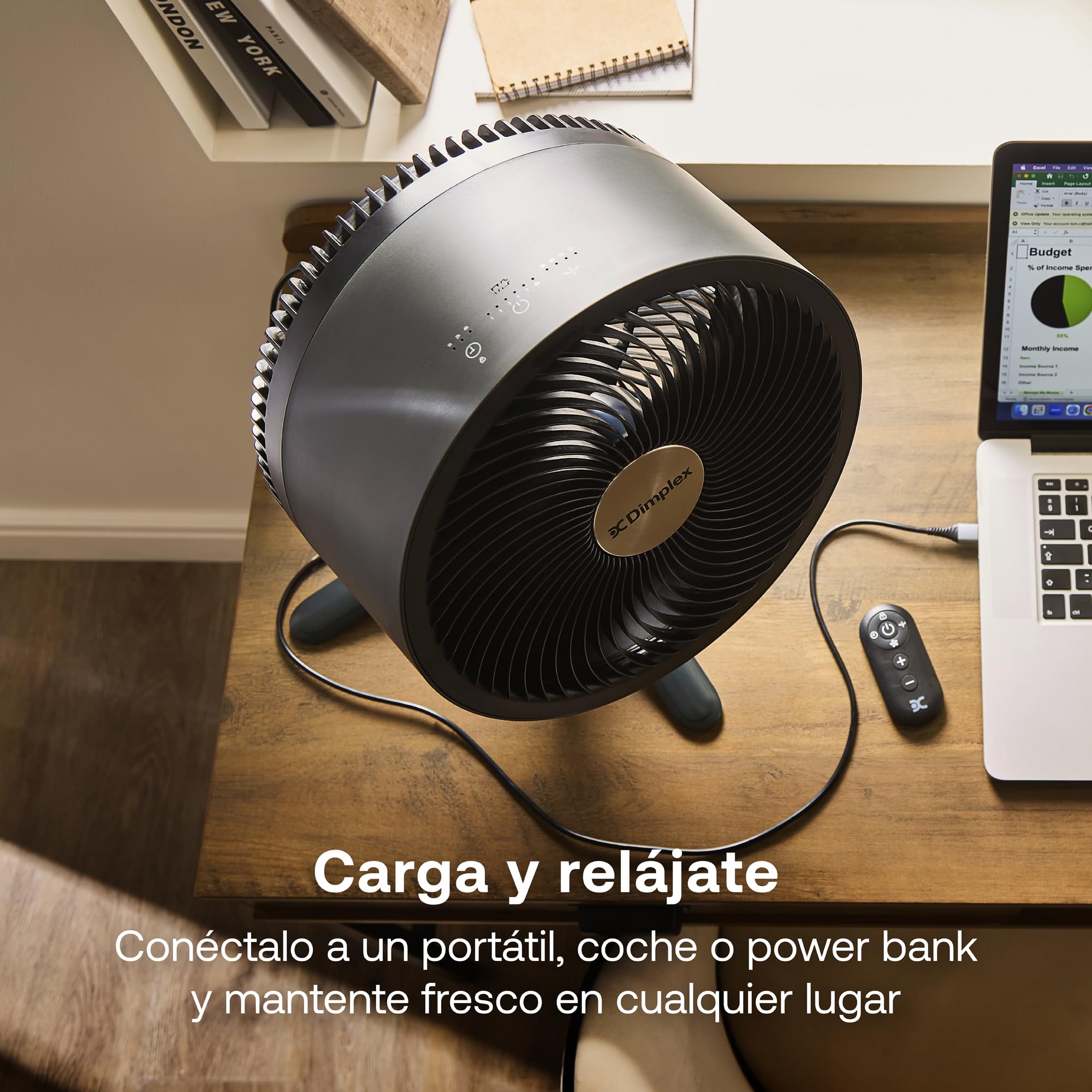 Dimplex DUOCOOL ventilador inteligente inalámbrico 2 en 1, de pie y mesa, batería 45h, 5 velocidades + turbo, alcance 20m, silencioso: 36dB, app, Google Home y Alexa, mando a distancia, negro