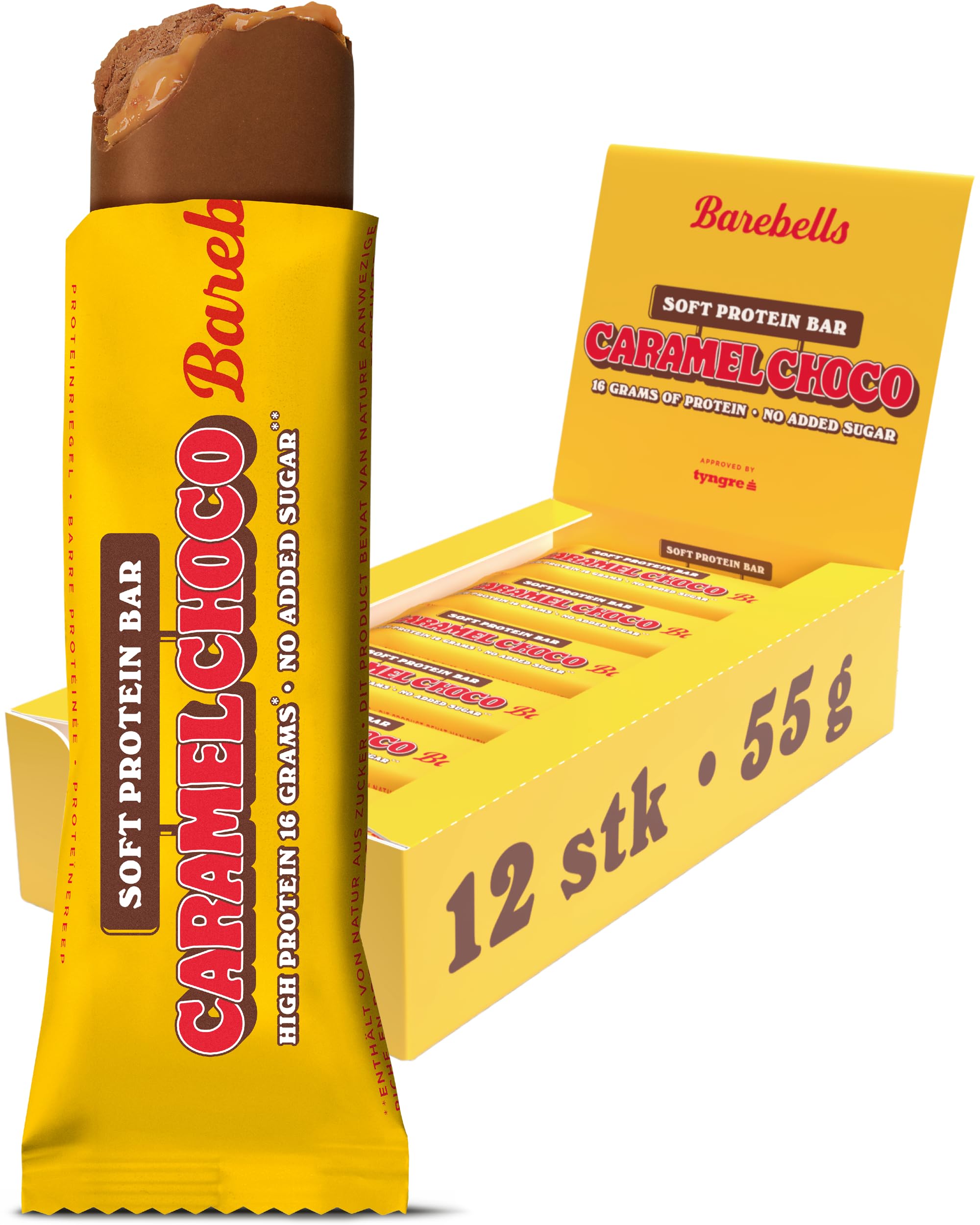 Barebells Soft Protein Riegel – 16g High Protein Bar, Zuckerarm, Eiweißriegel, Ohne Palmöl – Caramel Choco, 12 x 55