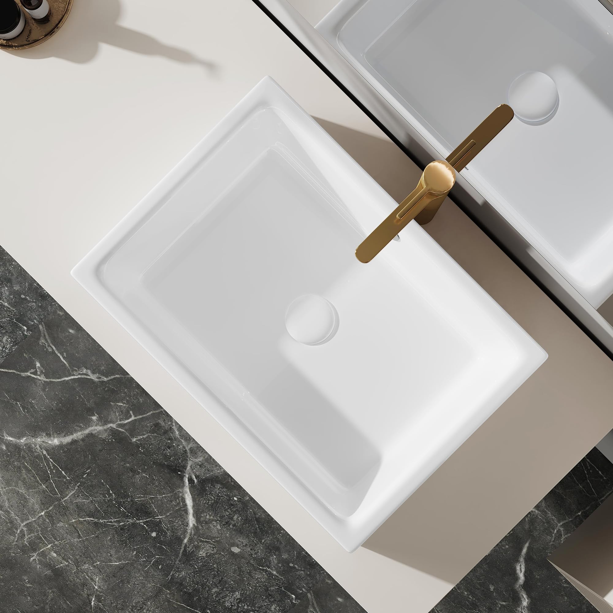 Eridanus Lavabo rettangolare in ceramica, 51 x 37 x 15 cm, lavabo da appoggio per vasca da bagno, moderno lavabo bianco, lavabo da tavolo, lavabo con foro per rubinetto, lavabo a mano