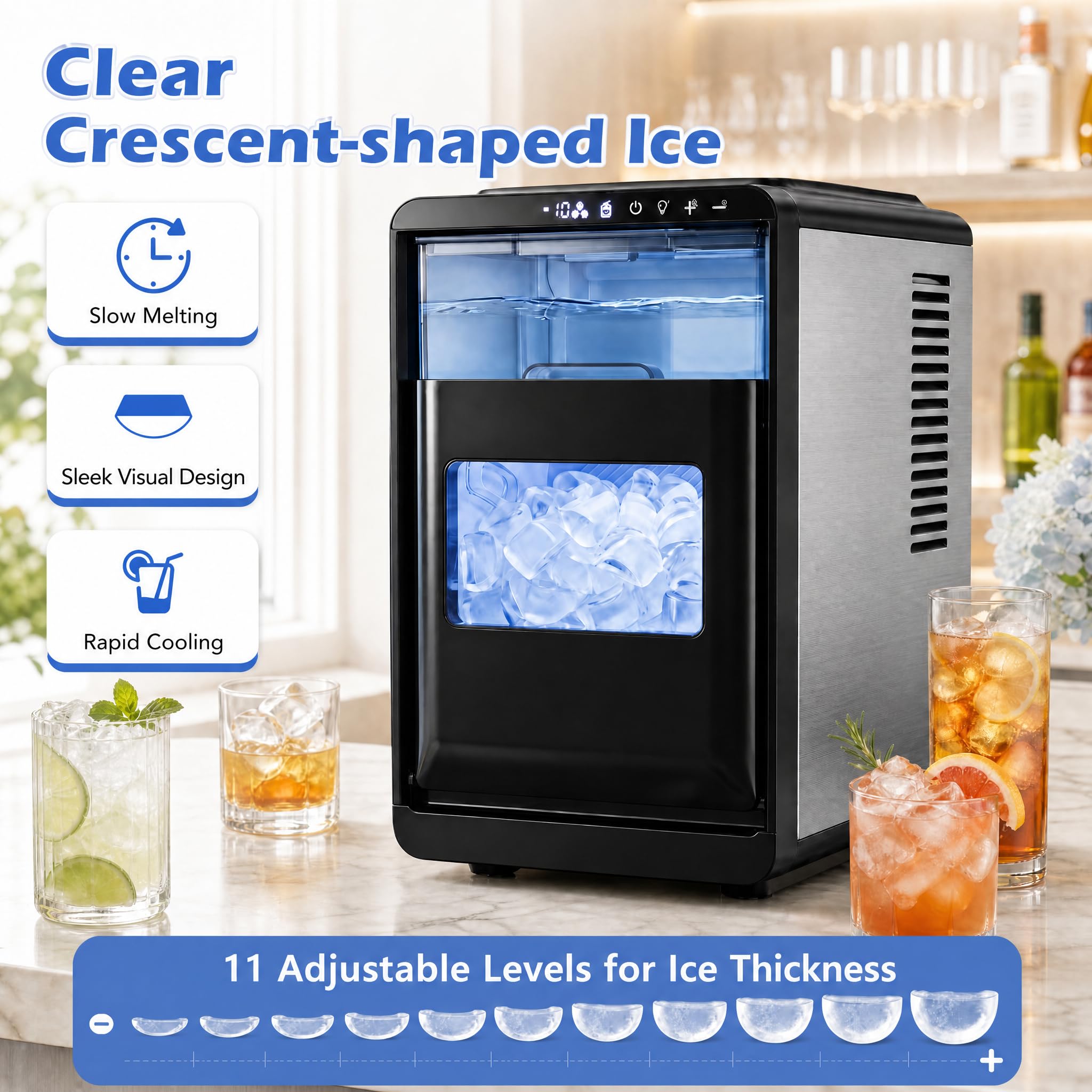 LIFEZEAL Macchina Ghiaccio 12kg/24h, Serbatoio 1,8L, Autopulente | Macchina del Ghiaccio Silenzioso con Cestello Paletta, 11 Livelli di Spessore Regolabile, per Casa/Cucina/Ufficio/Bar