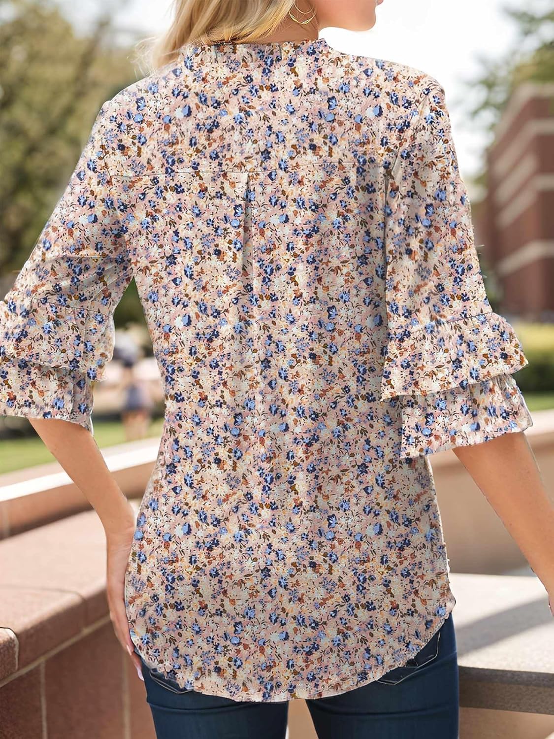 Womens V Neck Ruffle 3/4 Length Sleeve Dressy Shirts Casual Loose Tunic Tops Summer Blouses - Image 3