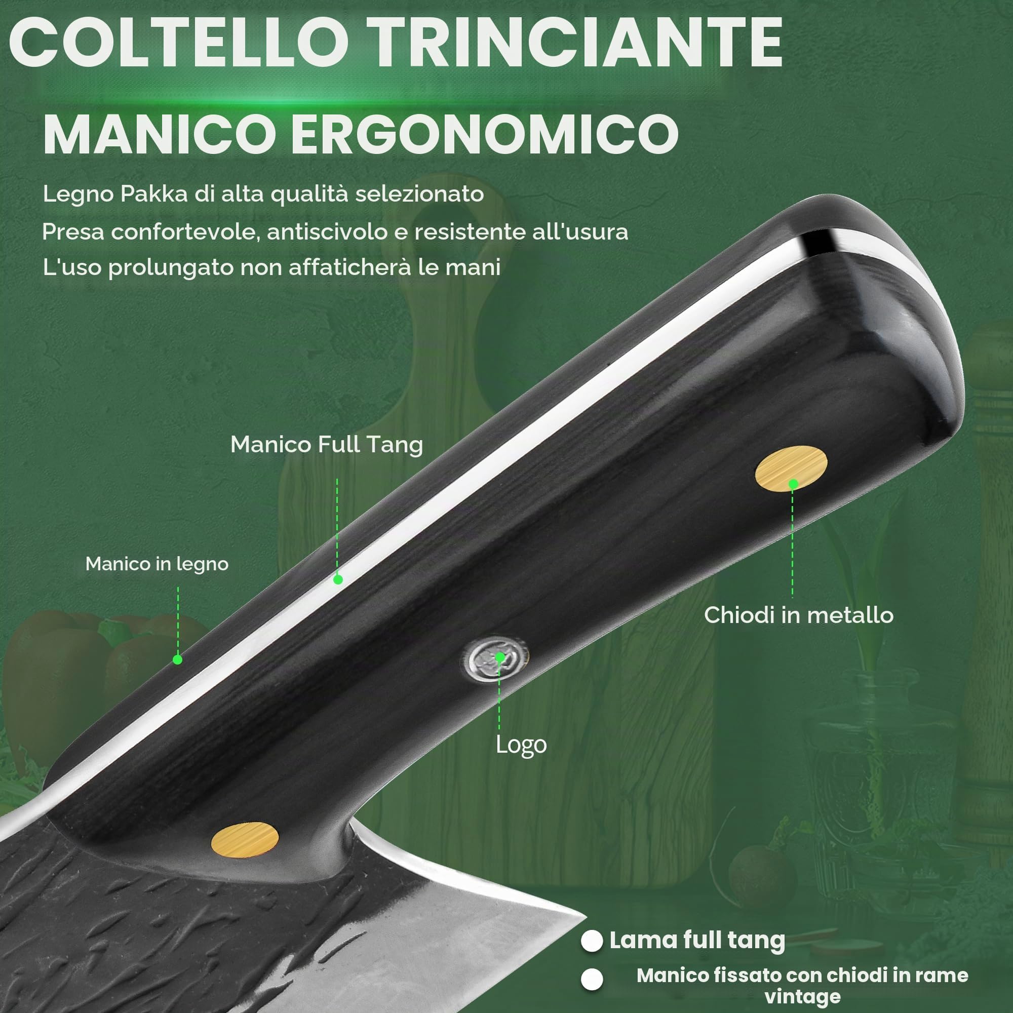 FULLHI Coltello da cuoco manico in legno Tang Butcher Knife con fodero 2pcs, coltello da cucina per esterni, campeggio barbecue (Nero, Coltello da cuoco serbo)