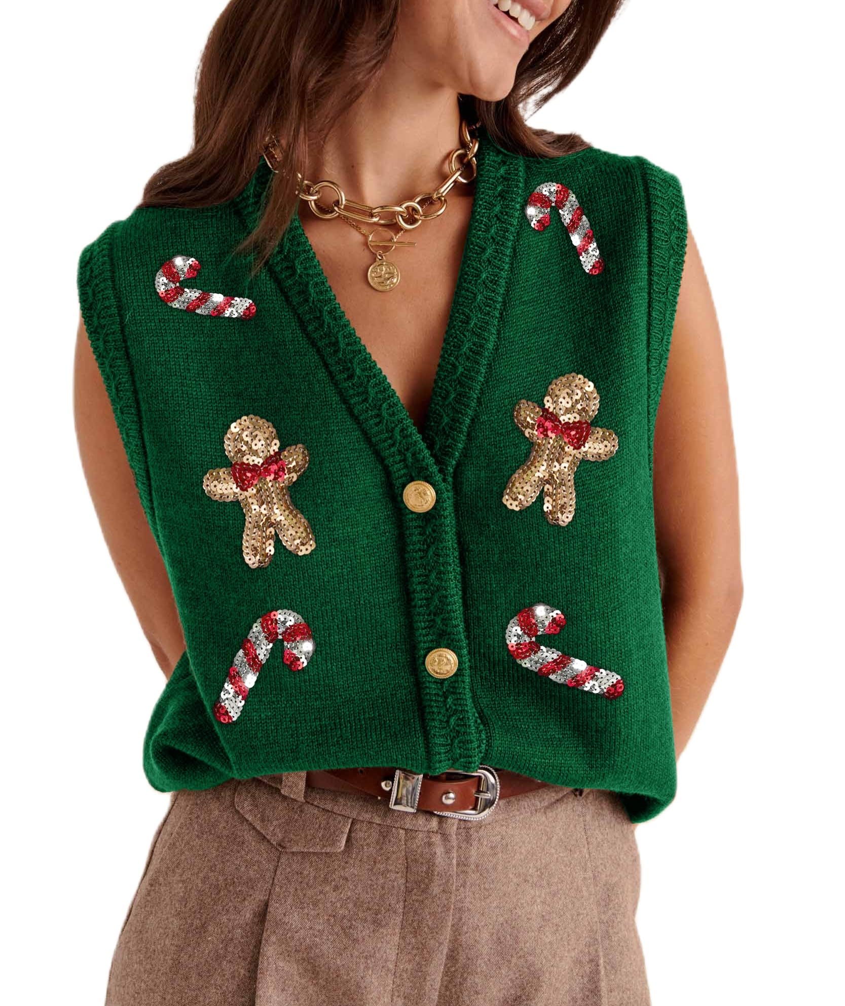 Women Christmas Sweater Vests Santa Claus Print Sleeveless Knit Cardigan Vest Christmas Holiday Tank Top