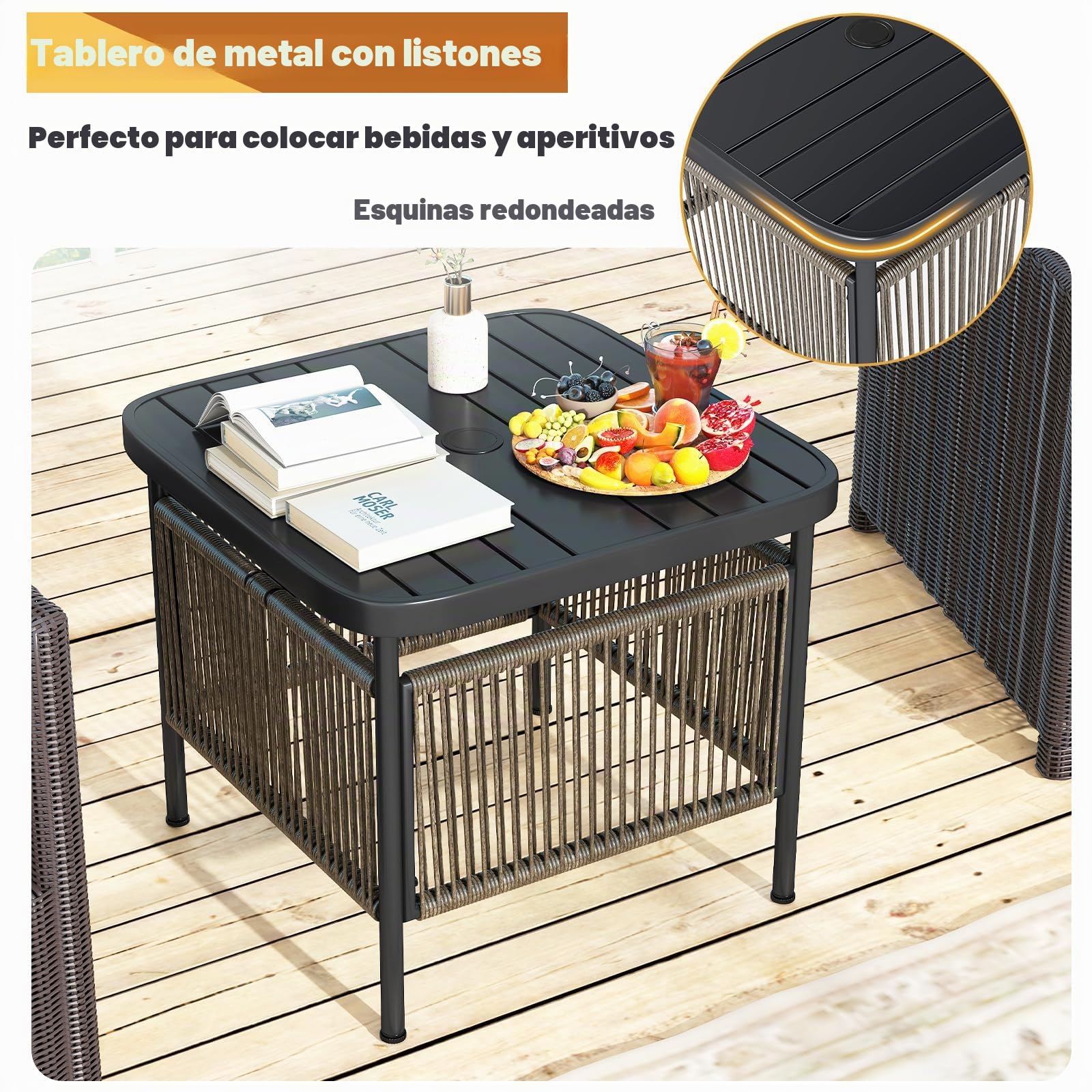 LIFEZEAL Mesa de Jardín, Mesa de Balcón Pequeña, Exterior, con Orificio para Sombrilla, 56 x 56 x 49 cm, de Ratán PE, Metal, con Tablero de Barras, Patas Ajustables, máx. 50 kg, Moderna, Ahorra