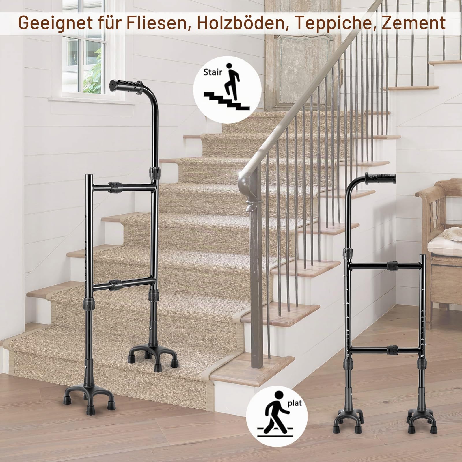 Gehstock, Treppensteighilfe Krücken Gehhilfe Stock Gehhilfe für Senioren Höhe (85-115CM) und Breite(22-36CM) Einstellbar Vierbeinige Basis Vielseitiges Gehstock Treppensteighilfe 2-in-1 Design