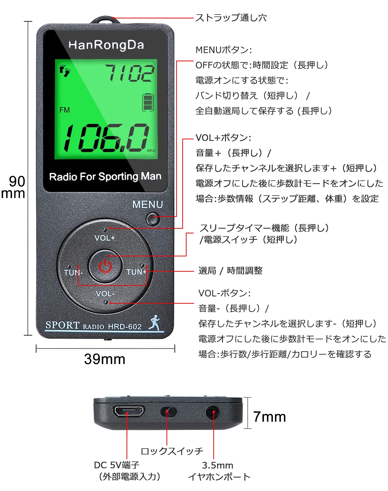 Amazon.co.jp: HanRongDa 携帯ラジオ 小型歩数計 名刺サイズ 充電式 AM