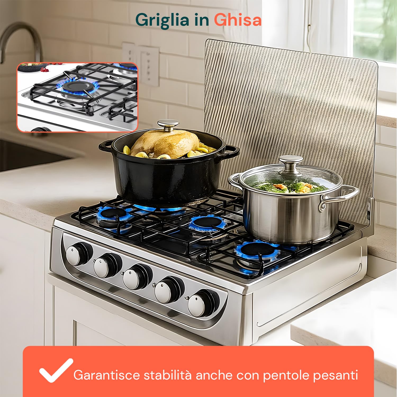 Avilia - 5-palnikowa płyta kuchenna z kryształową pokrywą i żeliwnym rusztem, wysoka moc, elegancki design, do użytku domowego i profesjonalnego, łatwy zapłon, solidna i bezpieczna konstrukcja
